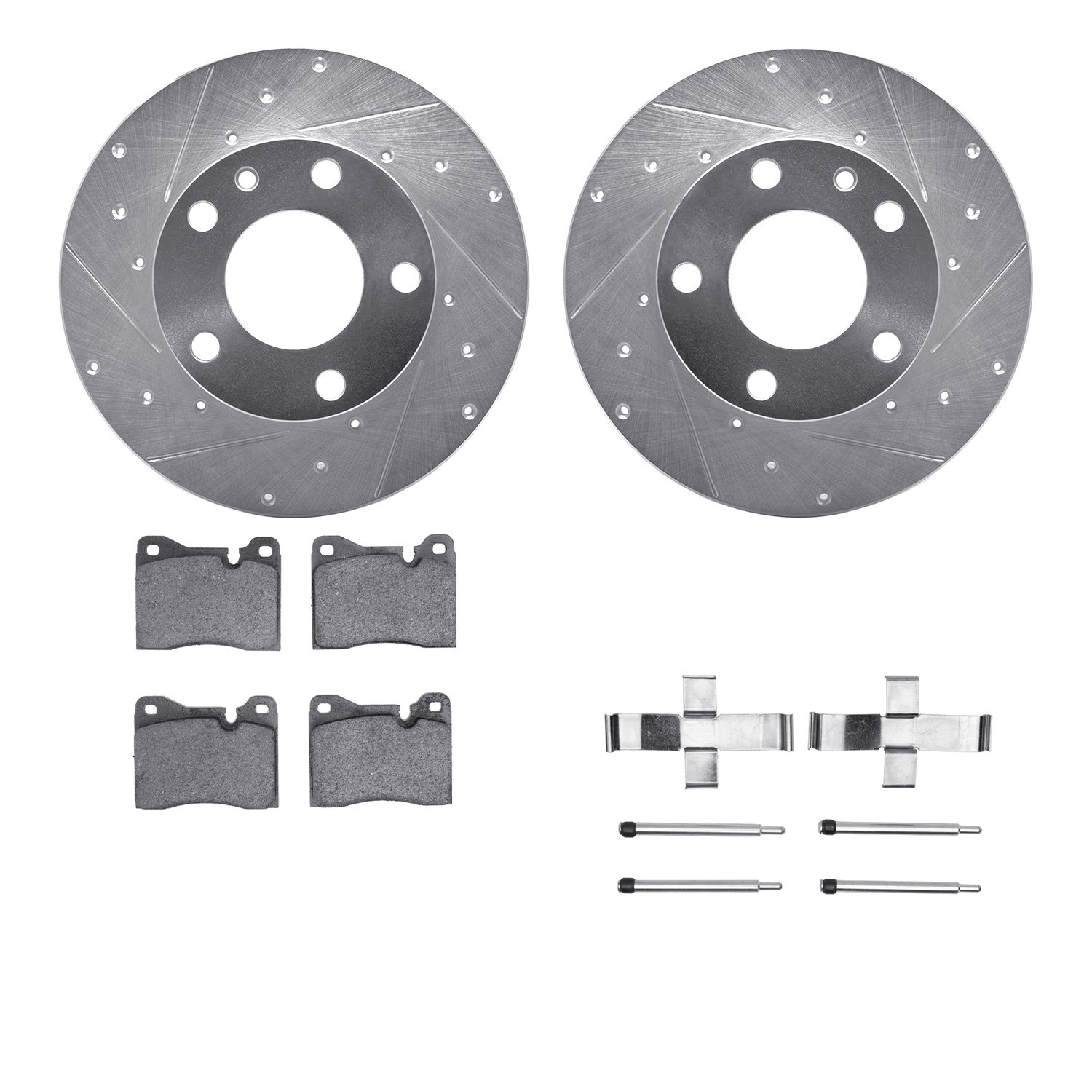 7512-31011 Drilled/Slotted Brake Rotors w/5000 Advanced Brake Pads Kit & Hardware [Silver], 1976-1976 BMW, Position: Front