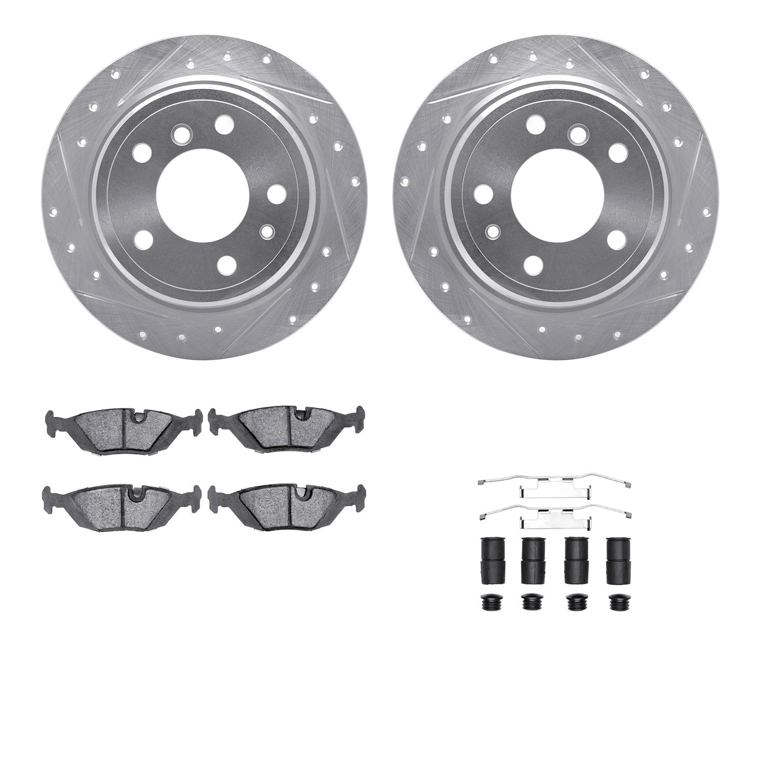 7512-31014 Drilled/Slotted Brake Rotors w/5000 Advanced Brake Pads Kit & Hardware [Silver], 1981-1986 BMW, Position: Rear