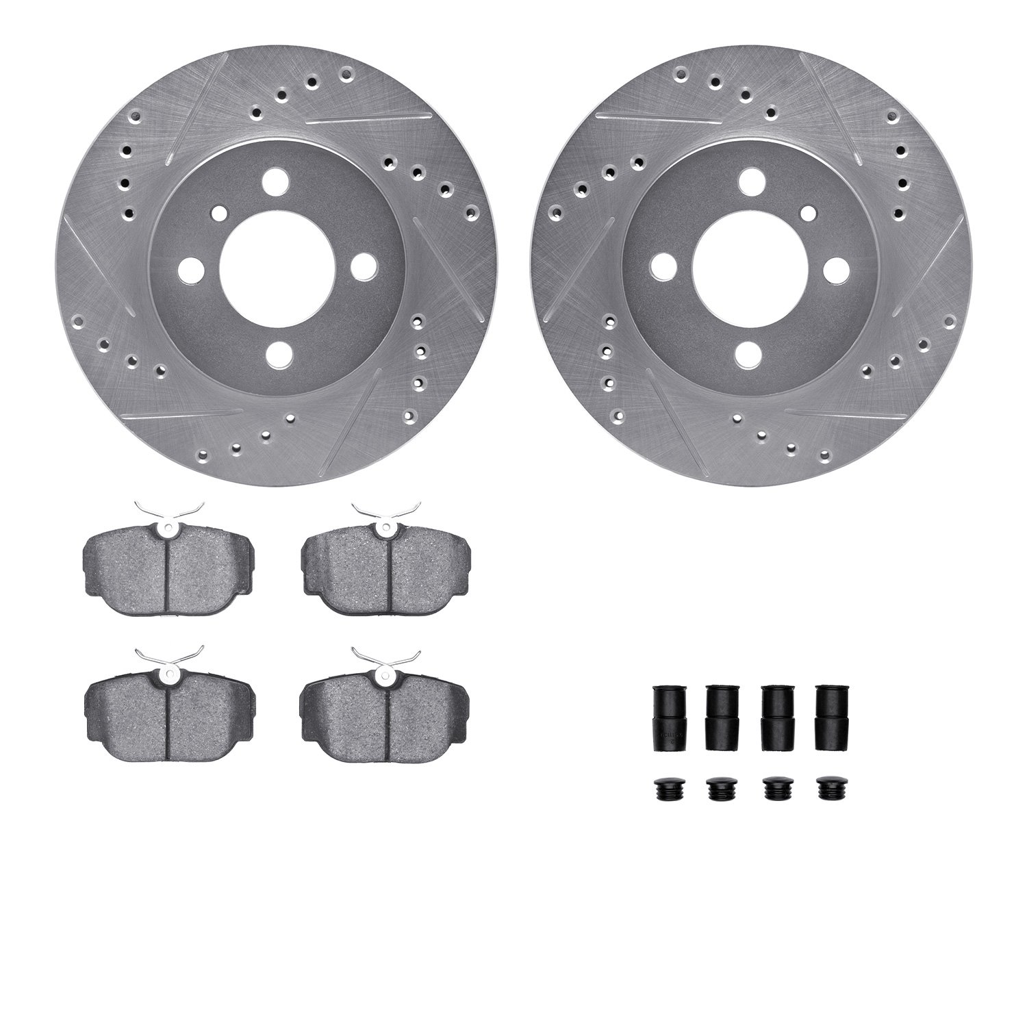 7512-31015 Drilled/Slotted Brake Rotors w/5000 Advanced Brake Pads Kit & Hardware [Silver], 1984-1991 BMW, Position: Front