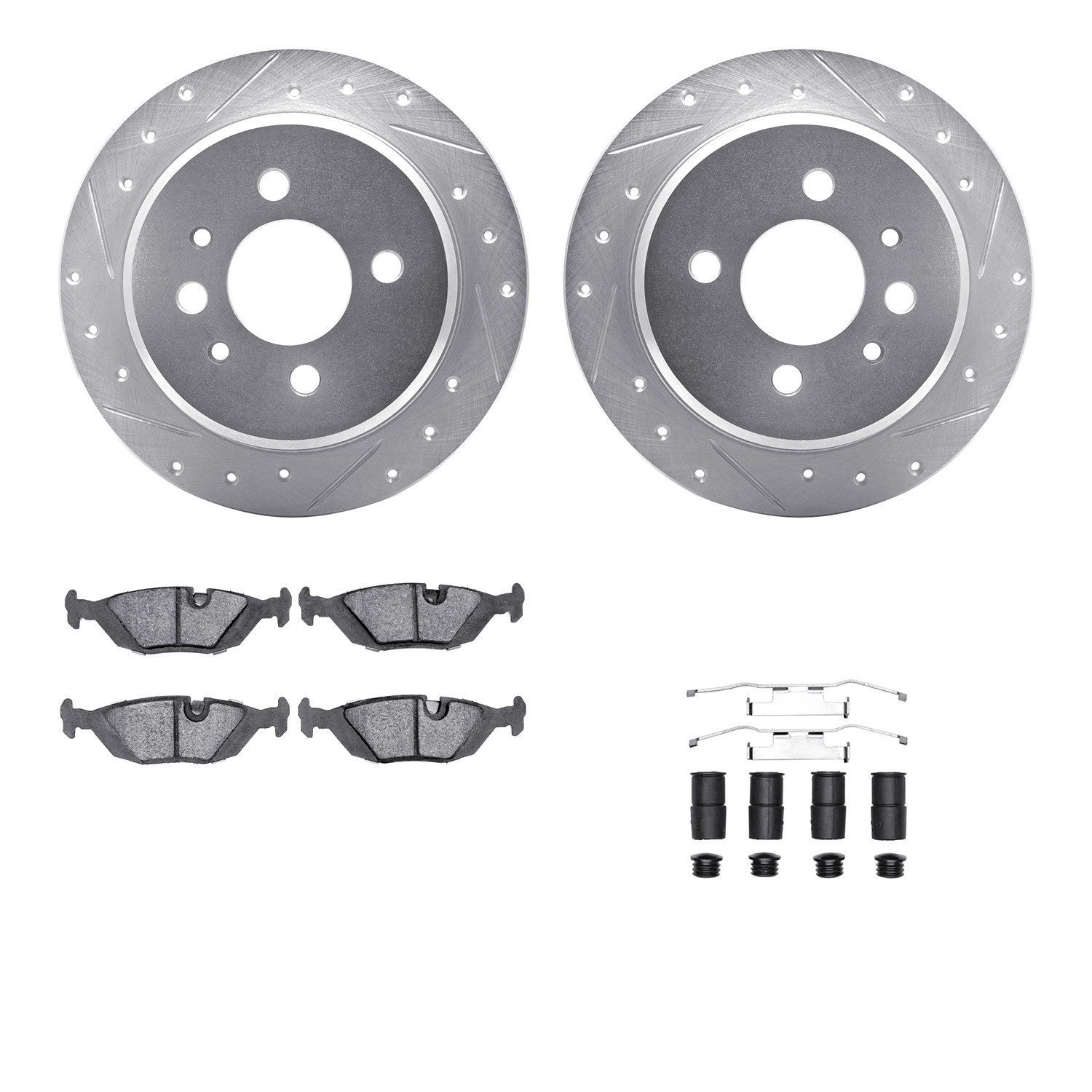 7512-31017 Drilled/Slotted Brake Rotors w/5000 Advanced Brake Pads Kit & Hardware [Silver], 1984-1991 BMW, Position: Rear