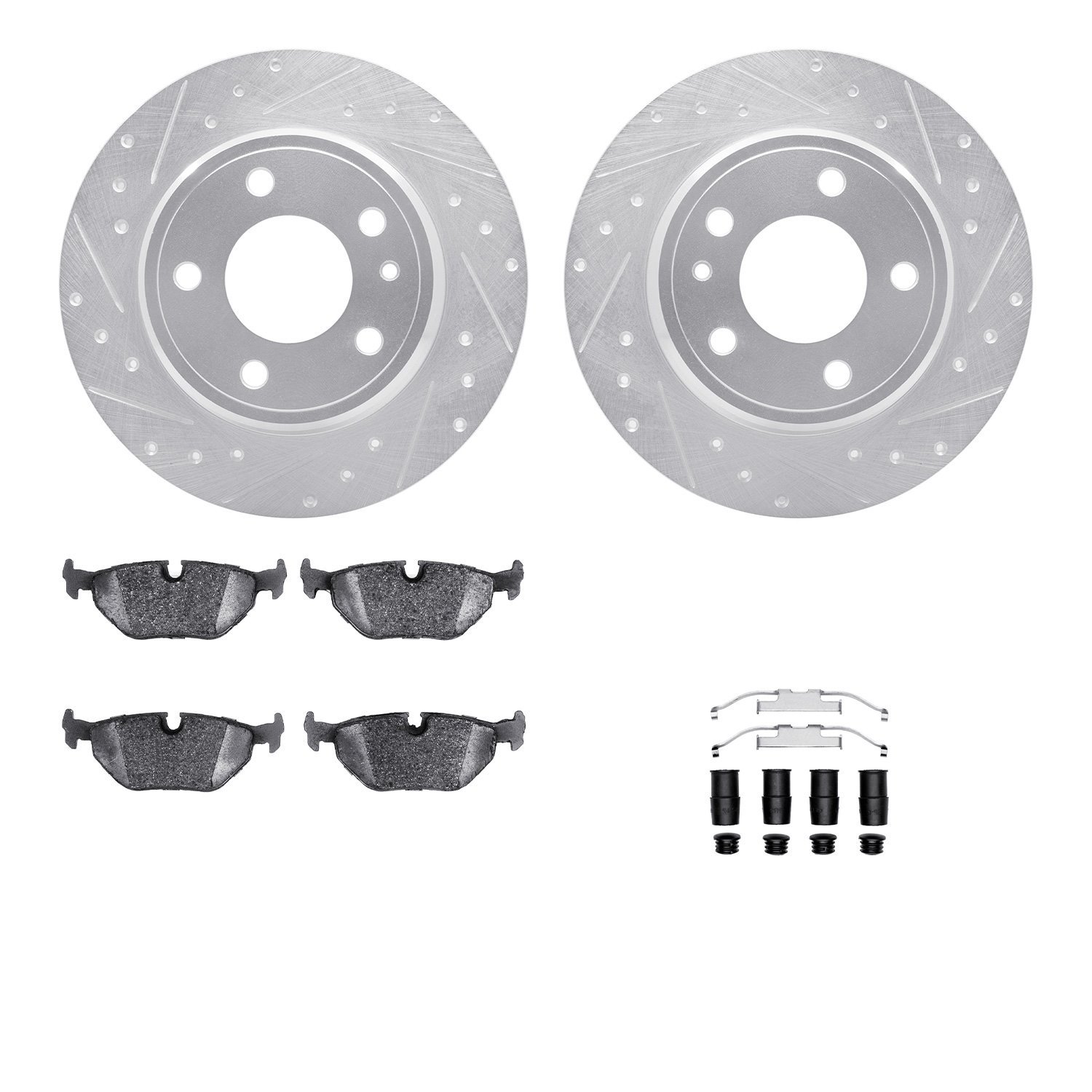 7512-31020 Drilled/Slotted Brake Rotors w/5000 Advanced Brake Pads Kit & Hardware [Silver], 1987-1992 BMW, Position: Rear