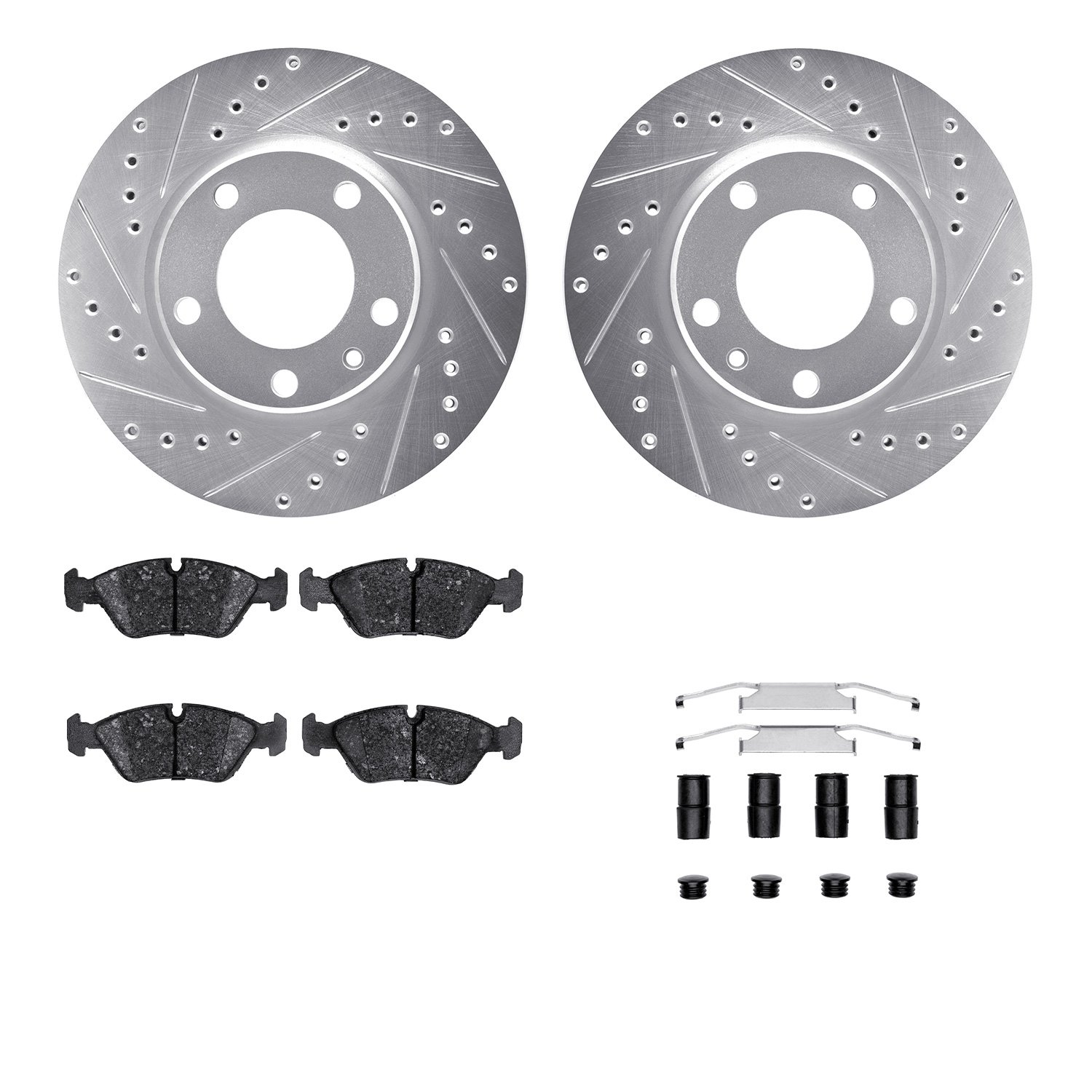 7512-31021 Drilled/Slotted Brake Rotors w/5000 Advanced Brake Pads Kit & Hardware [Silver], 1988-1991 BMW, Position: Front