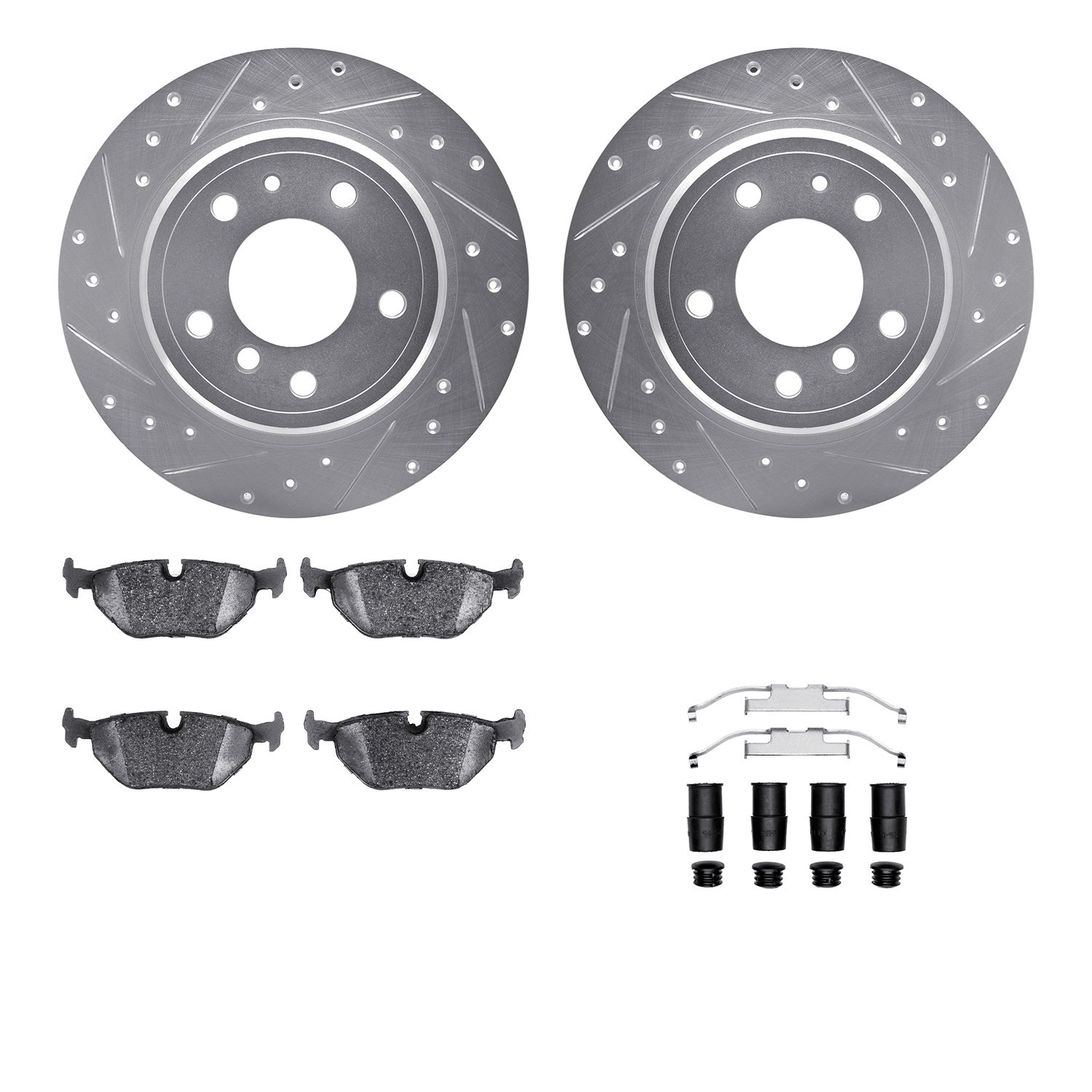 7512-31023 Drilled/Slotted Brake Rotors w/5000 Advanced Brake Pads Kit & Hardware [Silver], 1989-1995 BMW, Position: Rear