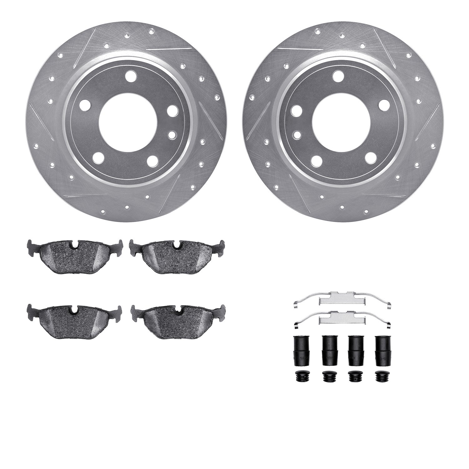7512-31025 Drilled/Slotted Brake Rotors w/5000 Advanced Brake Pads Kit & Hardware [Silver], 1988-1991 BMW, Position: Rear
