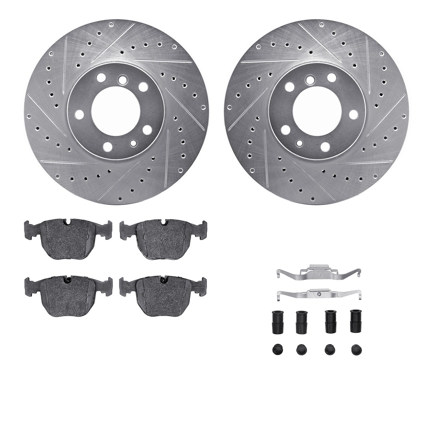 7512-31030 Drilled/Slotted Brake Rotors w/5000 Advanced Brake Pads Kit & Hardware [Silver], 2000-2000 BMW, Position: Front