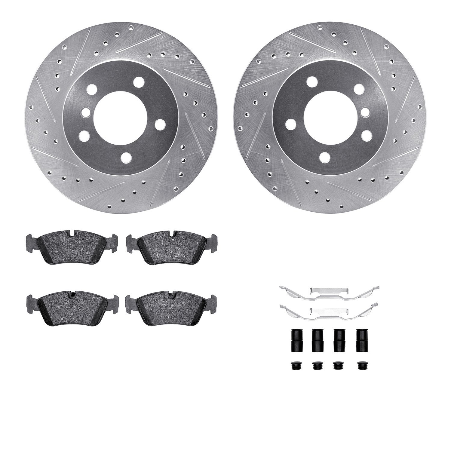 7512-31045 Drilled/Slotted Brake Rotors w/5000 Advanced Brake Pads Kit & Hardware [Silver], 1999-2008 BMW, Position: Front