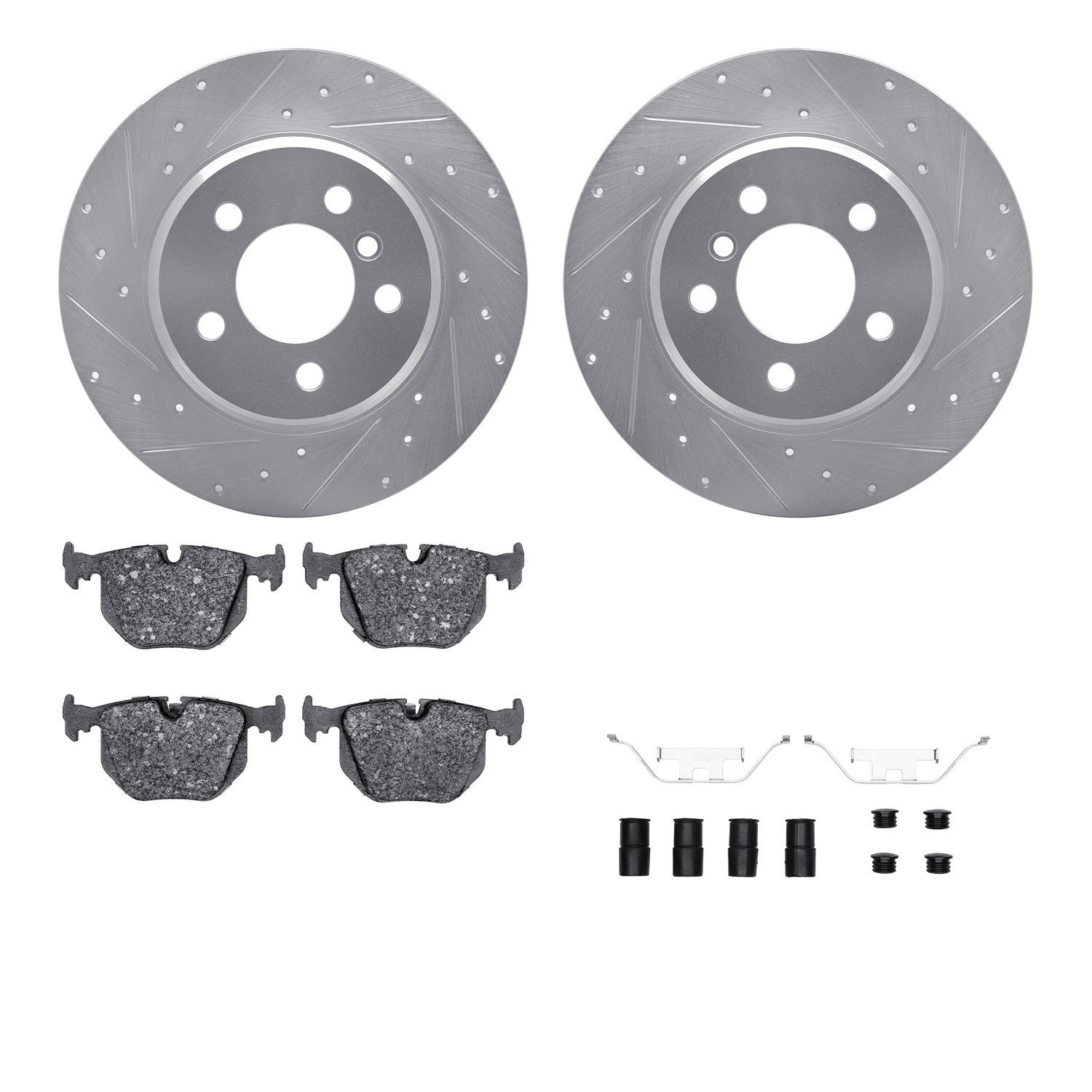 7512-31052 Drilled/Slotted Brake Rotors w/5000 Advanced Brake Pads Kit & Hardware [Silver], 2000-2006 BMW, Position: Rear
