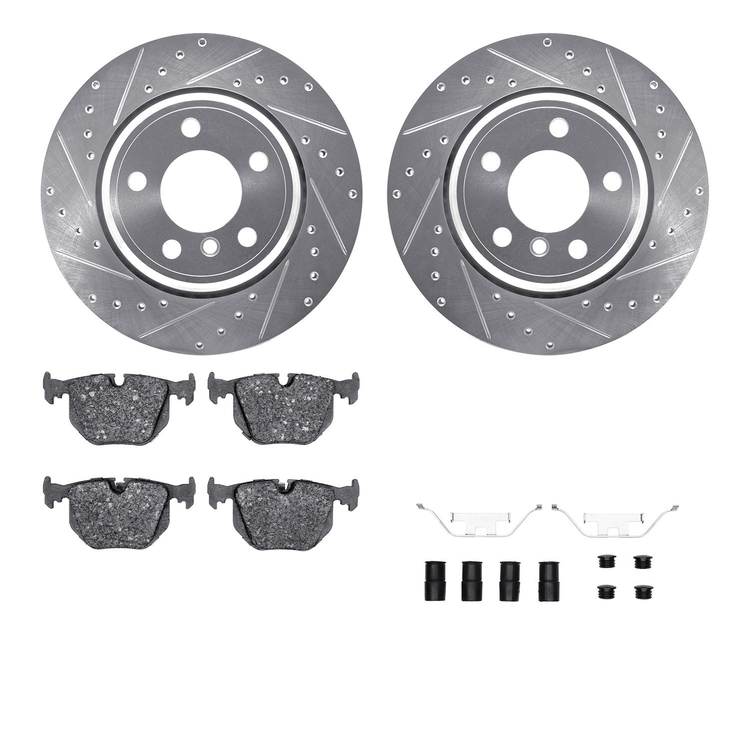7512-31053 Drilled/Slotted Brake Rotors w/5000 Advanced Brake Pads Kit & Hardware [Silver], 2002-2006 BMW, Position: Rear