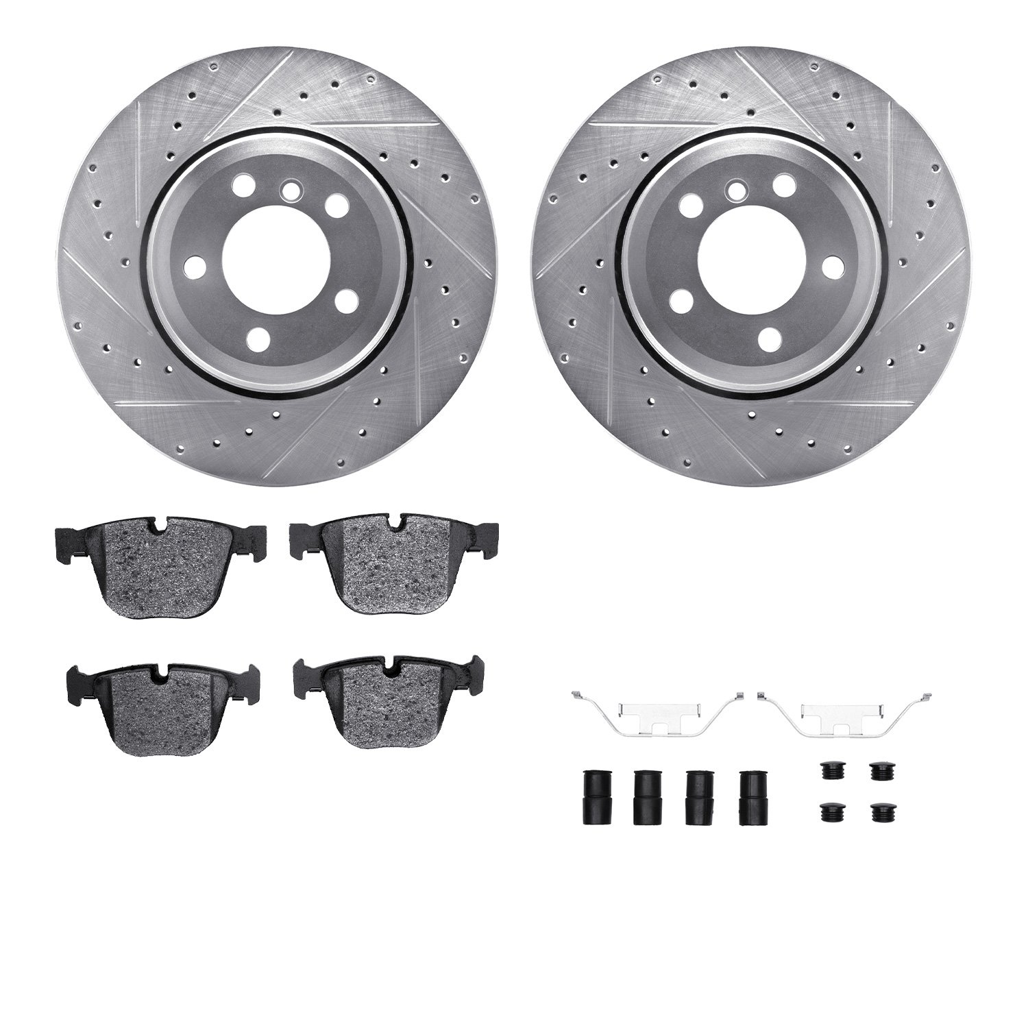 7512-31059 Drilled/Slotted Brake Rotors w/5000 Advanced Brake Pads Kit & Hardware [Silver], 2002-2005 BMW, Position: Rear