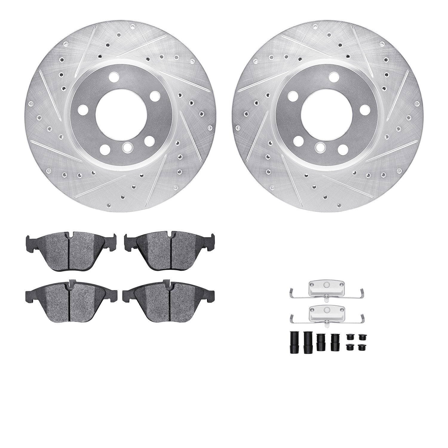 7512-31062 Drilled/Slotted Brake Rotors w/5000 Advanced Brake Pads Kit & Hardware [Silver], 2004-2010 BMW, Position: Front