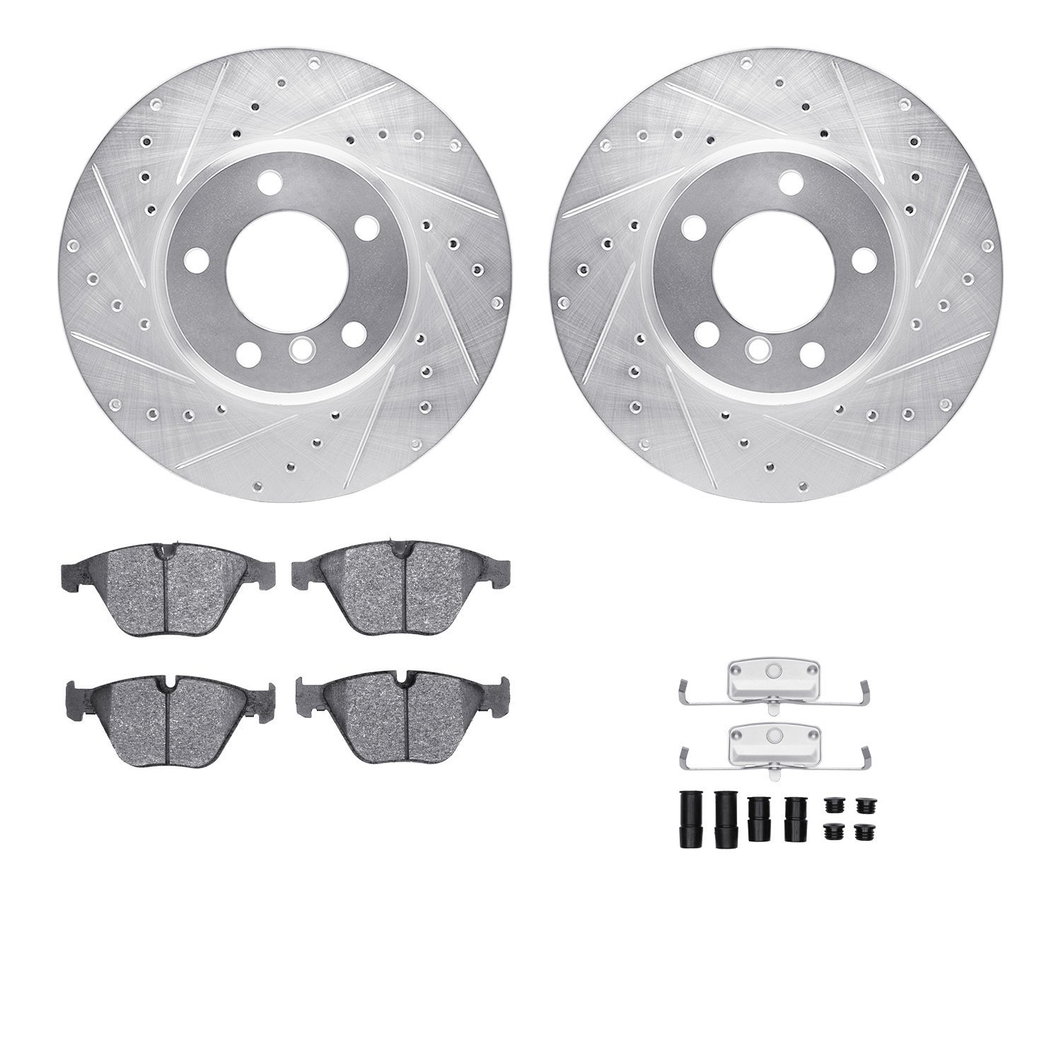 7512-31063 Drilled/Slotted Brake Rotors w/5000 Advanced Brake Pads Kit & Hardware [Silver], 2008-2010 BMW, Position: Front