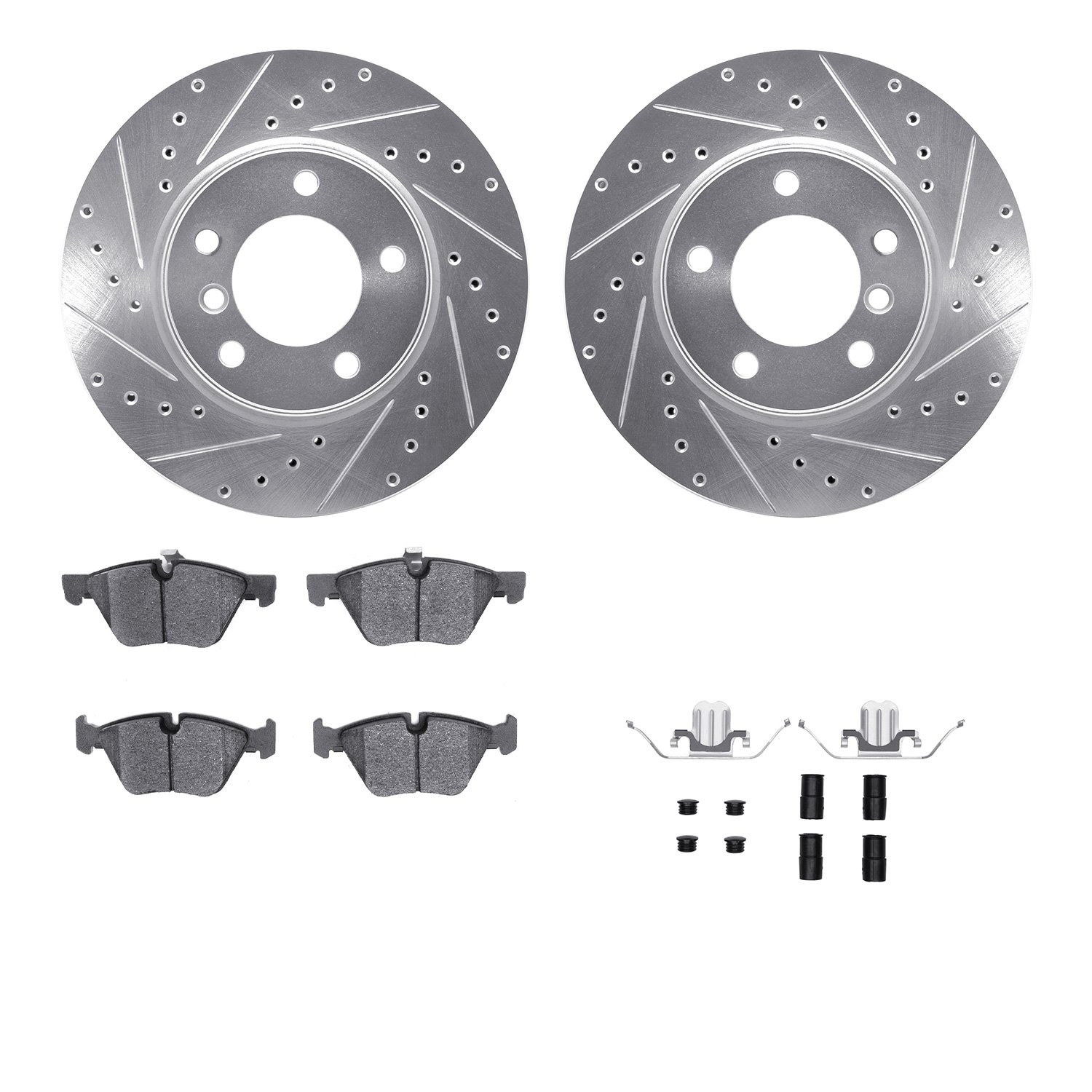 7512-31066 Drilled/Slotted Brake Rotors w/5000 Advanced Brake Pads Kit & Hardware [Silver], 2004-2010 BMW, Position: Front