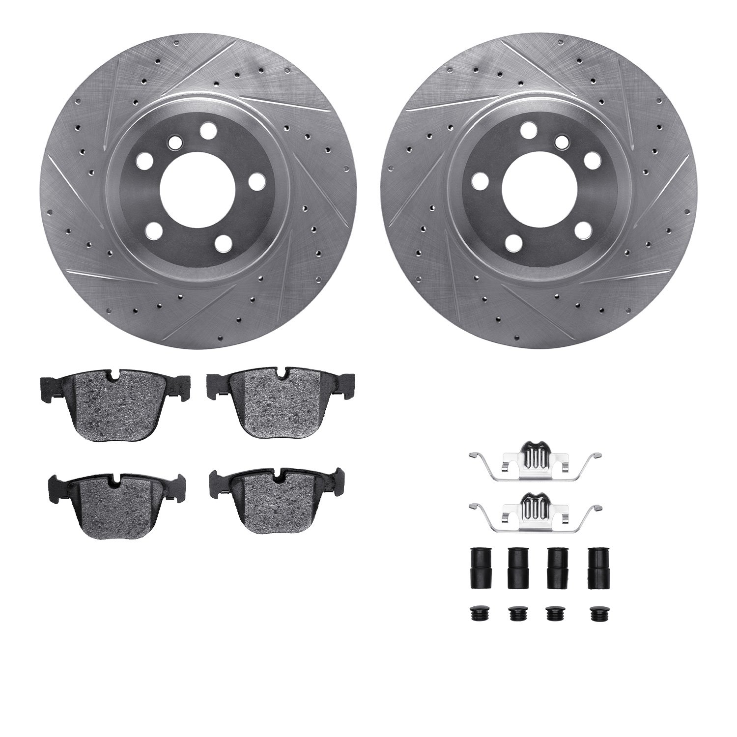 7512-31075 Drilled/Slotted Brake Rotors w/5000 Advanced Brake Pads Kit & Hardware [Silver], 2007-2019 BMW, Position: Rear