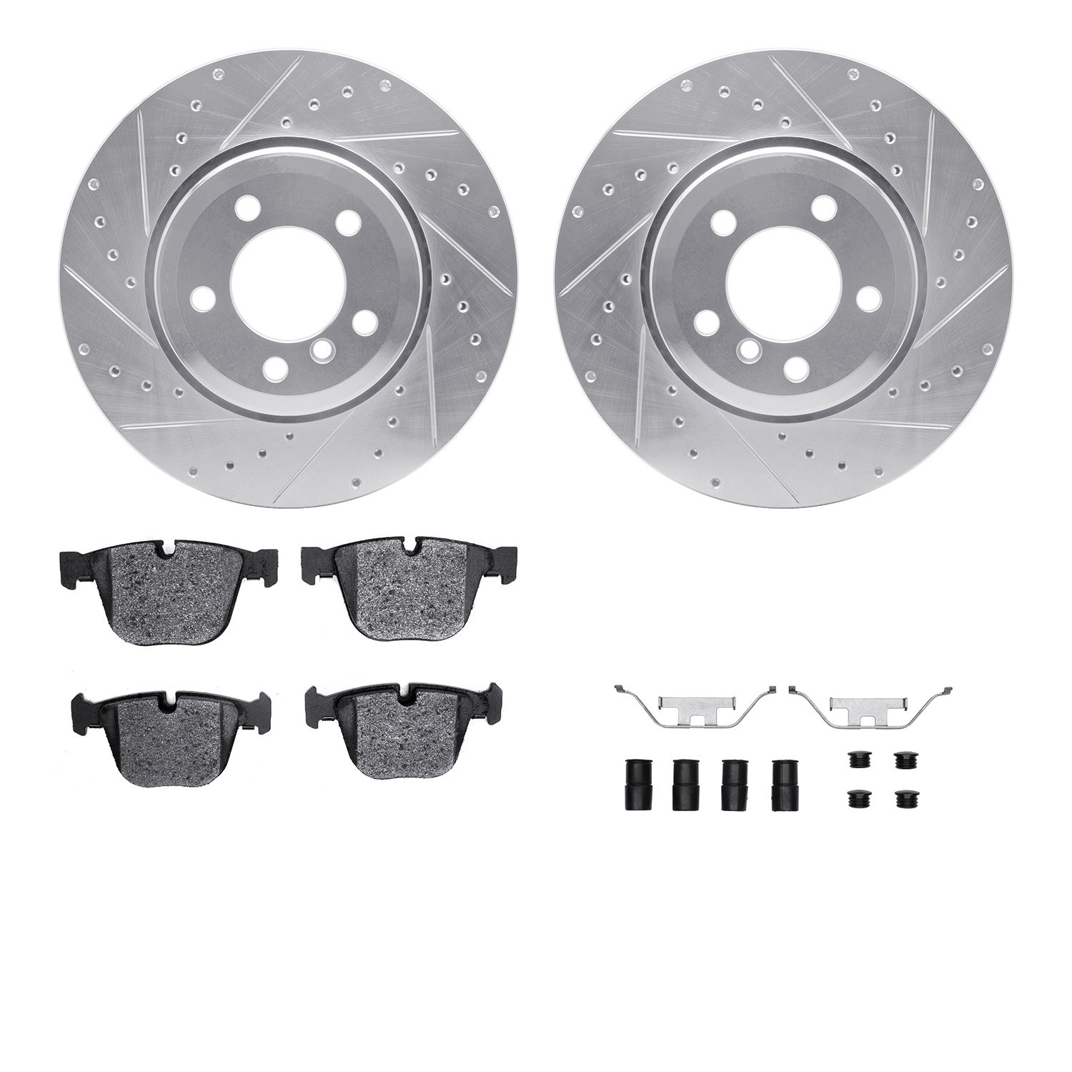 7512-31077 Drilled/Slotted Brake Rotors w/5000 Advanced Brake Pads Kit & Hardware [Silver], 2005-2008 BMW, Position: Rear