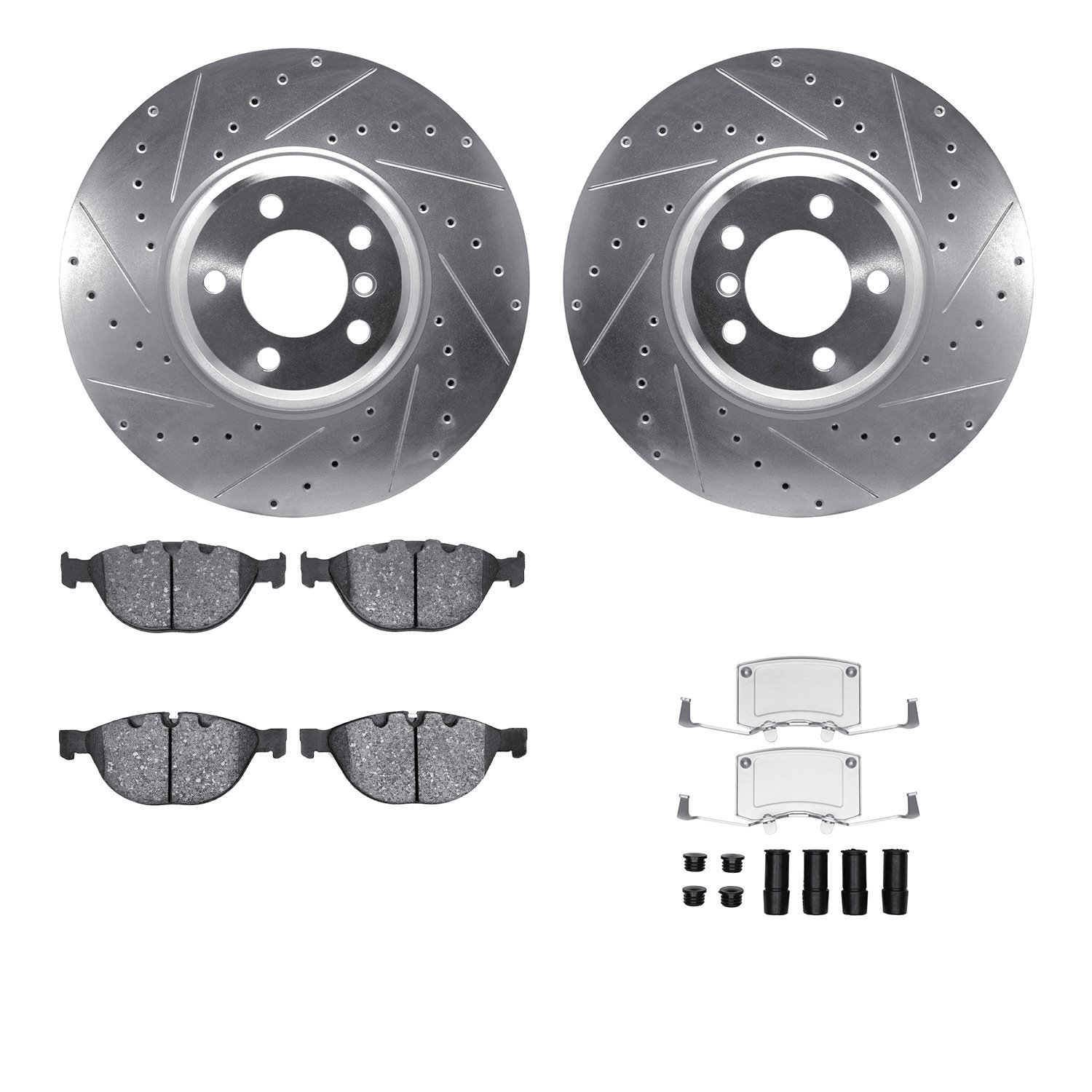 7512-31082 Drilled/Slotted Brake Rotors w/5000 Advanced Brake Pads Kit & Hardware [Silver], 2007-2008 BMW, Position: Front
