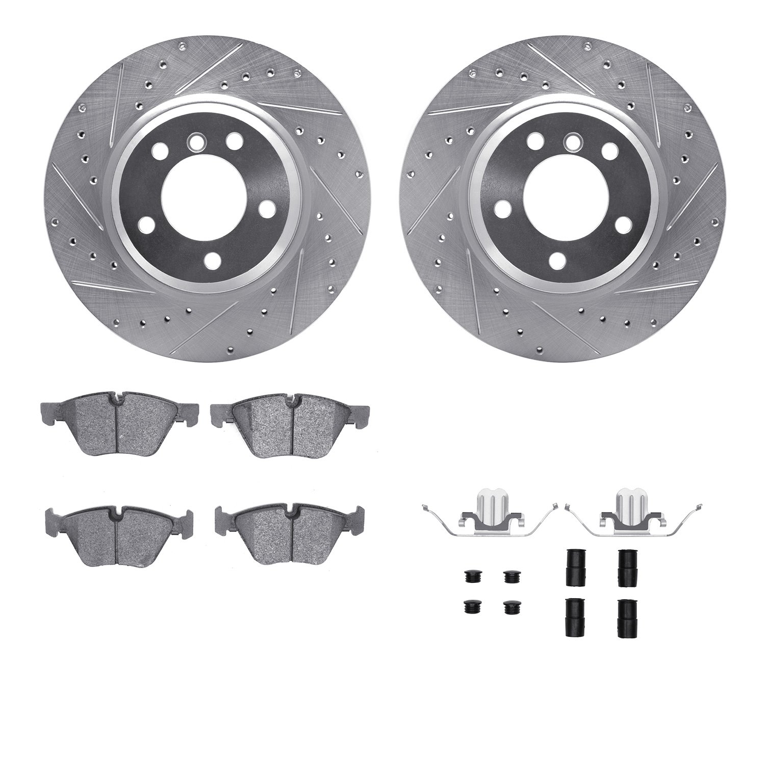 7512-31083 Drilled/Slotted Brake Rotors w/5000 Advanced Brake Pads Kit & Hardware [Silver], 2011-2012 BMW, Position: Front