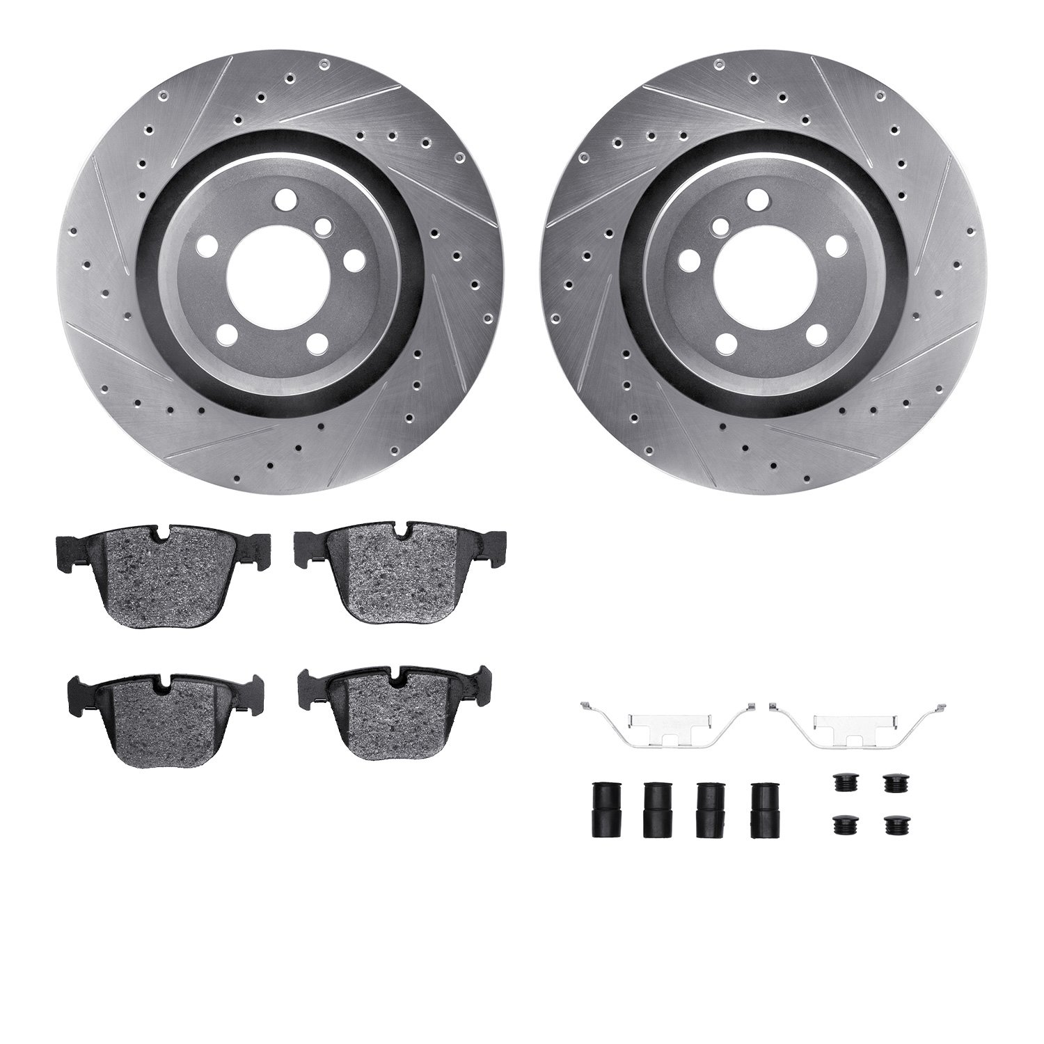7512-31084 Drilled/Slotted Brake Rotors w/5000 Advanced Brake Pads Kit & Hardware [Silver], 2007-2008 BMW, Position: Rear