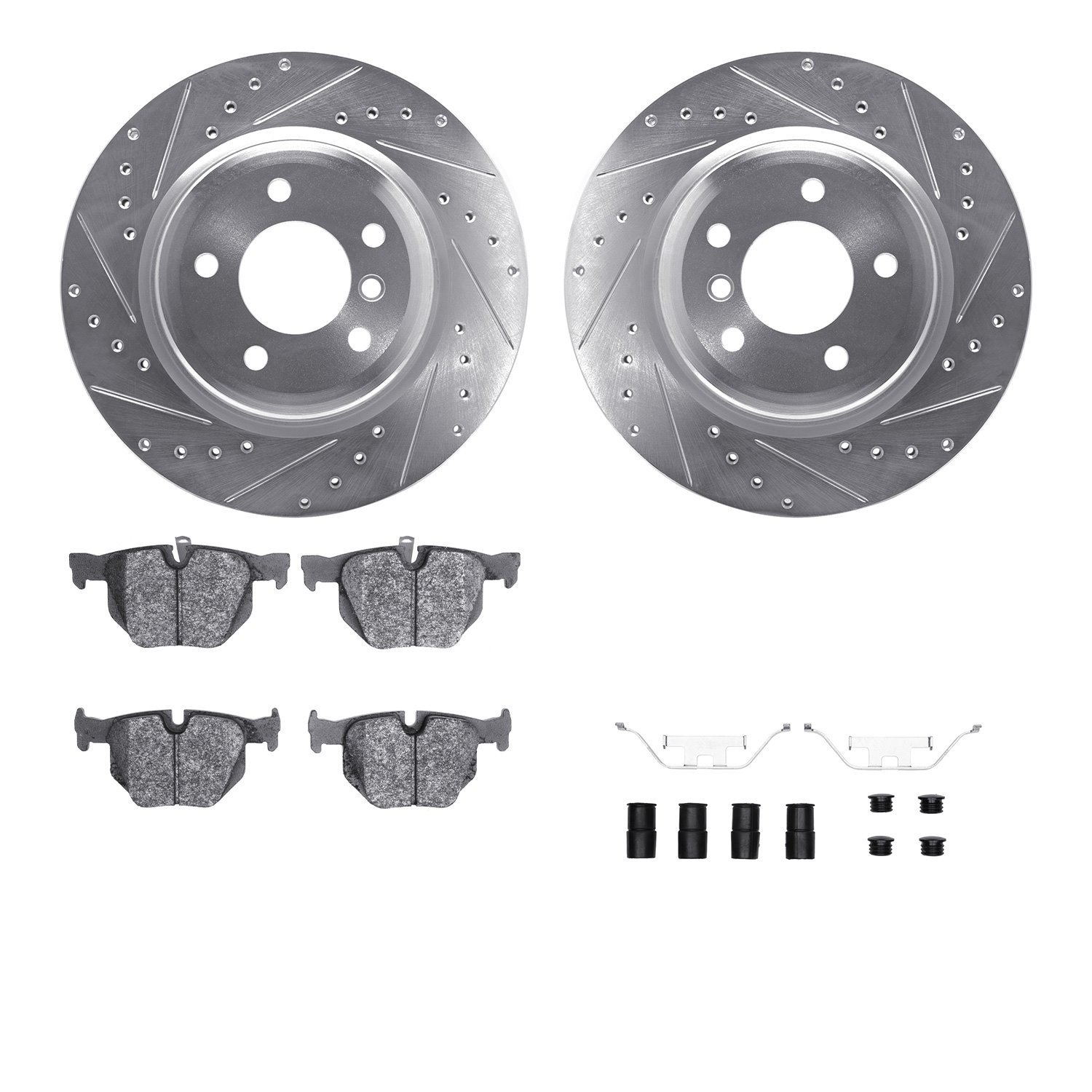 7512-31087 Drilled/Slotted Brake Rotors w/5000 Advanced Brake Pads Kit & Hardware [Silver], 2006-2015 BMW, Position: Rear