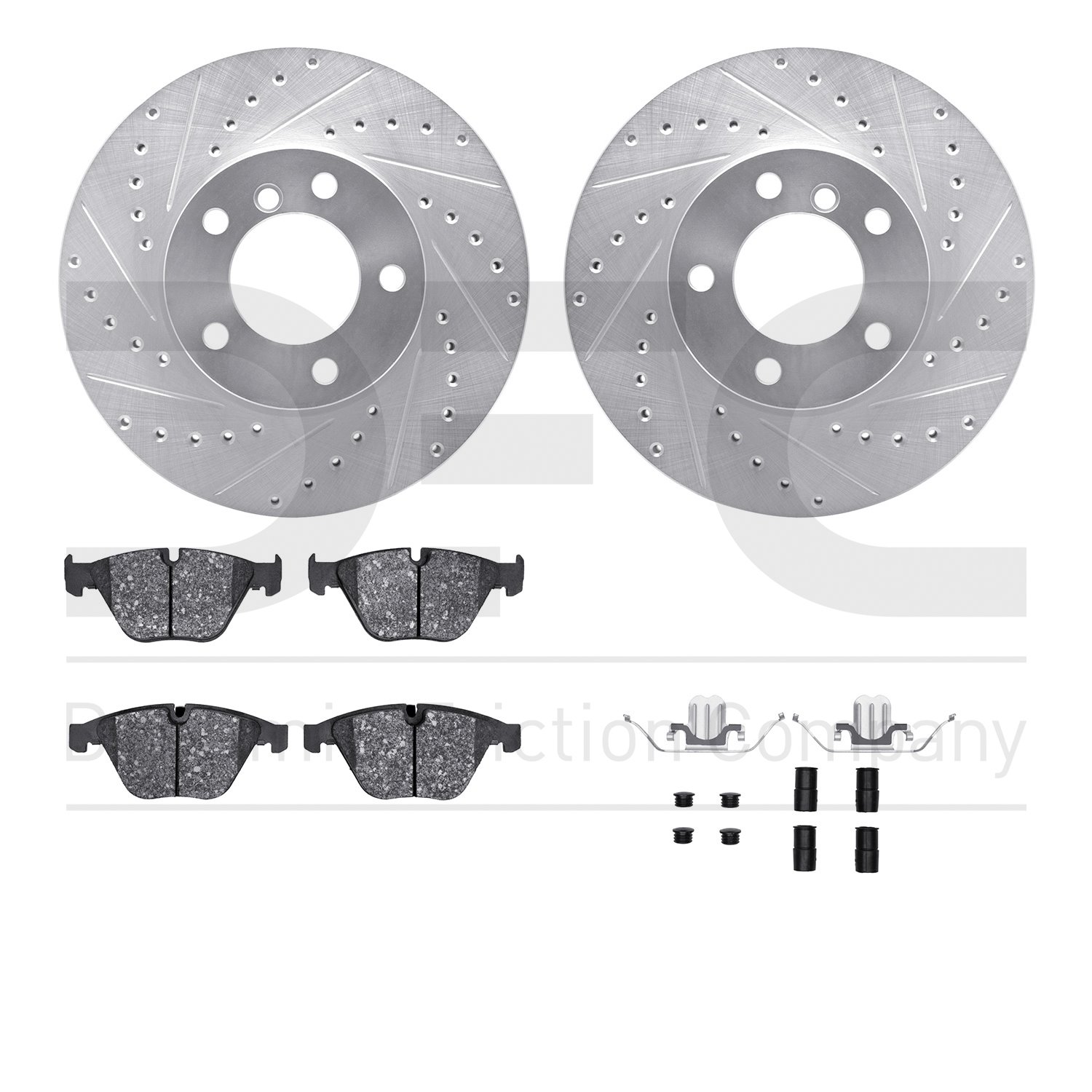 7512-31088 Drilled/Slotted Brake Rotors w/5000 Advanced Brake Pads Kit & Hardware [Silver], 2007-2013 BMW, Position: Front