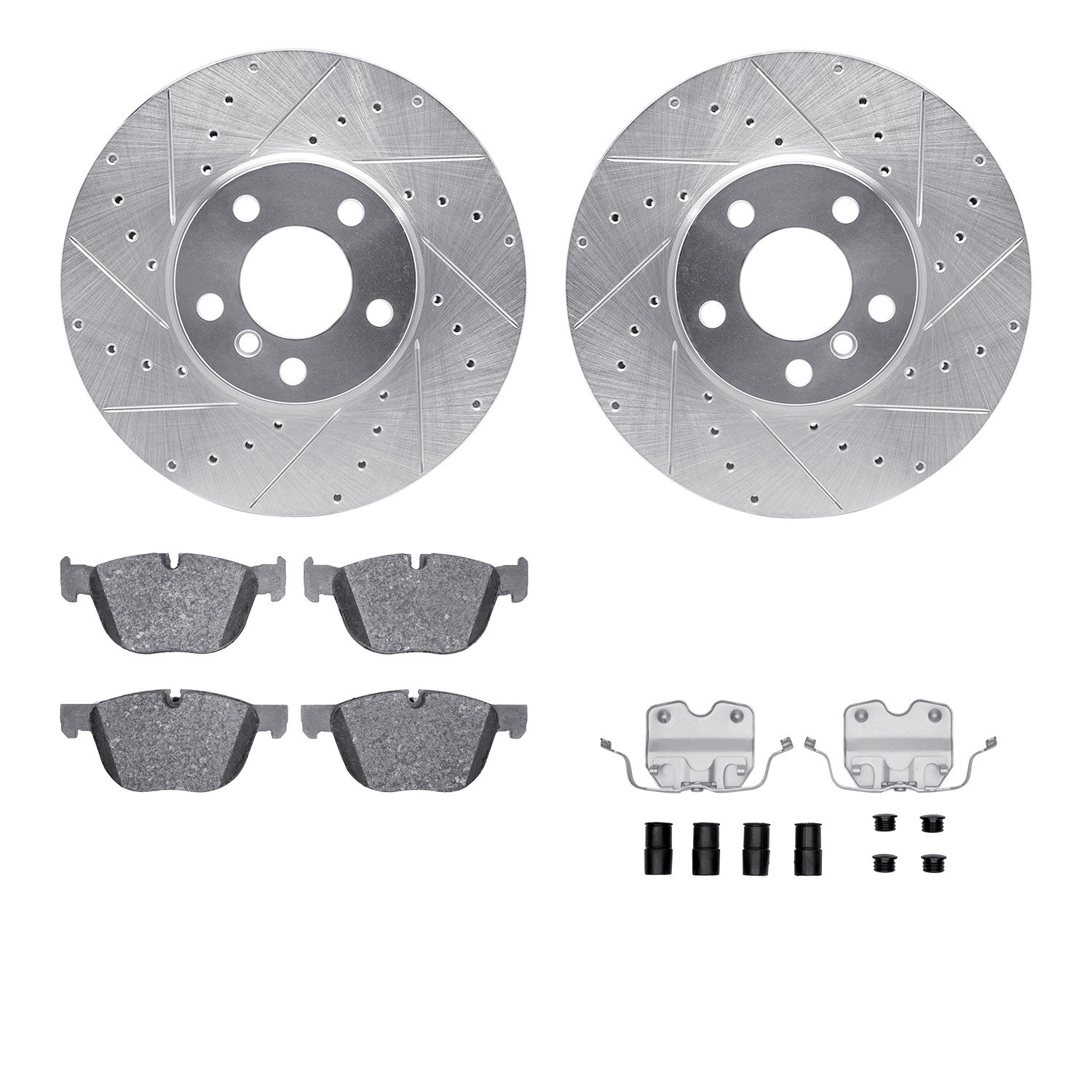 7512-31093 Drilled/Slotted Brake Rotors w/5000 Advanced Brake Pads Kit & Hardware [Silver], 2014-2019 BMW, Position: Front