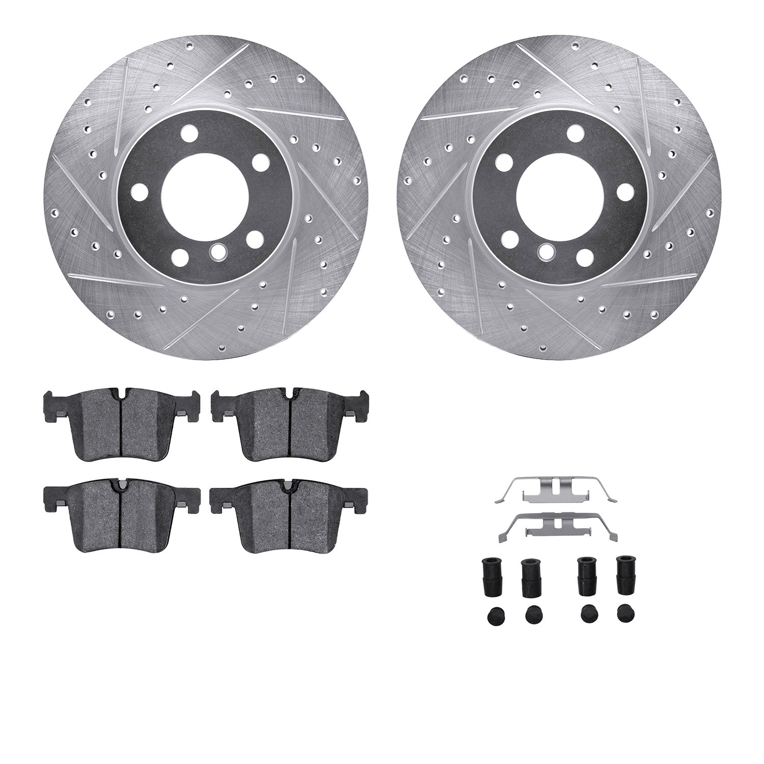 7512-31095 Drilled/Slotted Brake Rotors w/5000 Advanced Brake Pads Kit & Hardware [Silver], 2012-2021 BMW, Position: Front