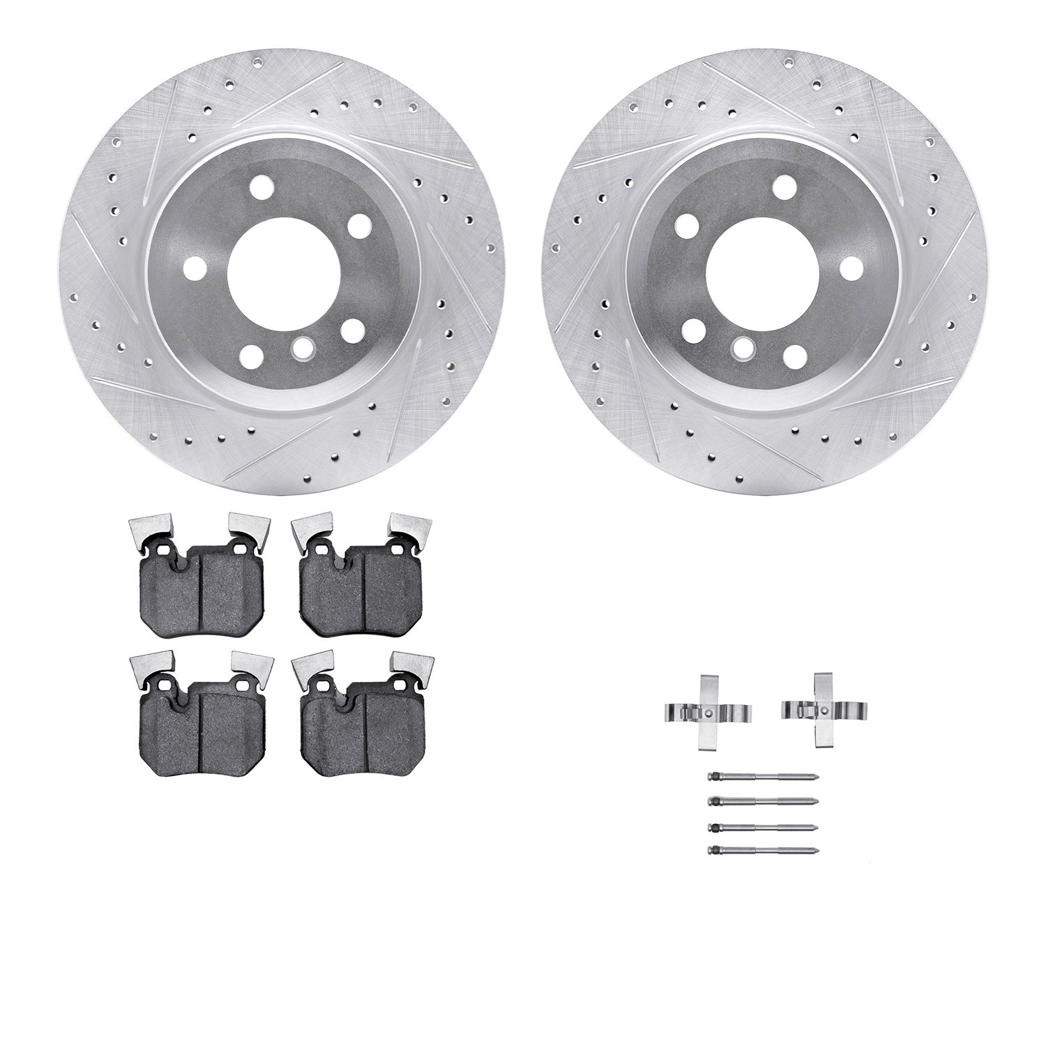 7512-31096 Drilled/Slotted Brake Rotors w/5000 Advanced Brake Pads Kit & Hardware [Silver], 2008-2013 BMW, Position: Rear
