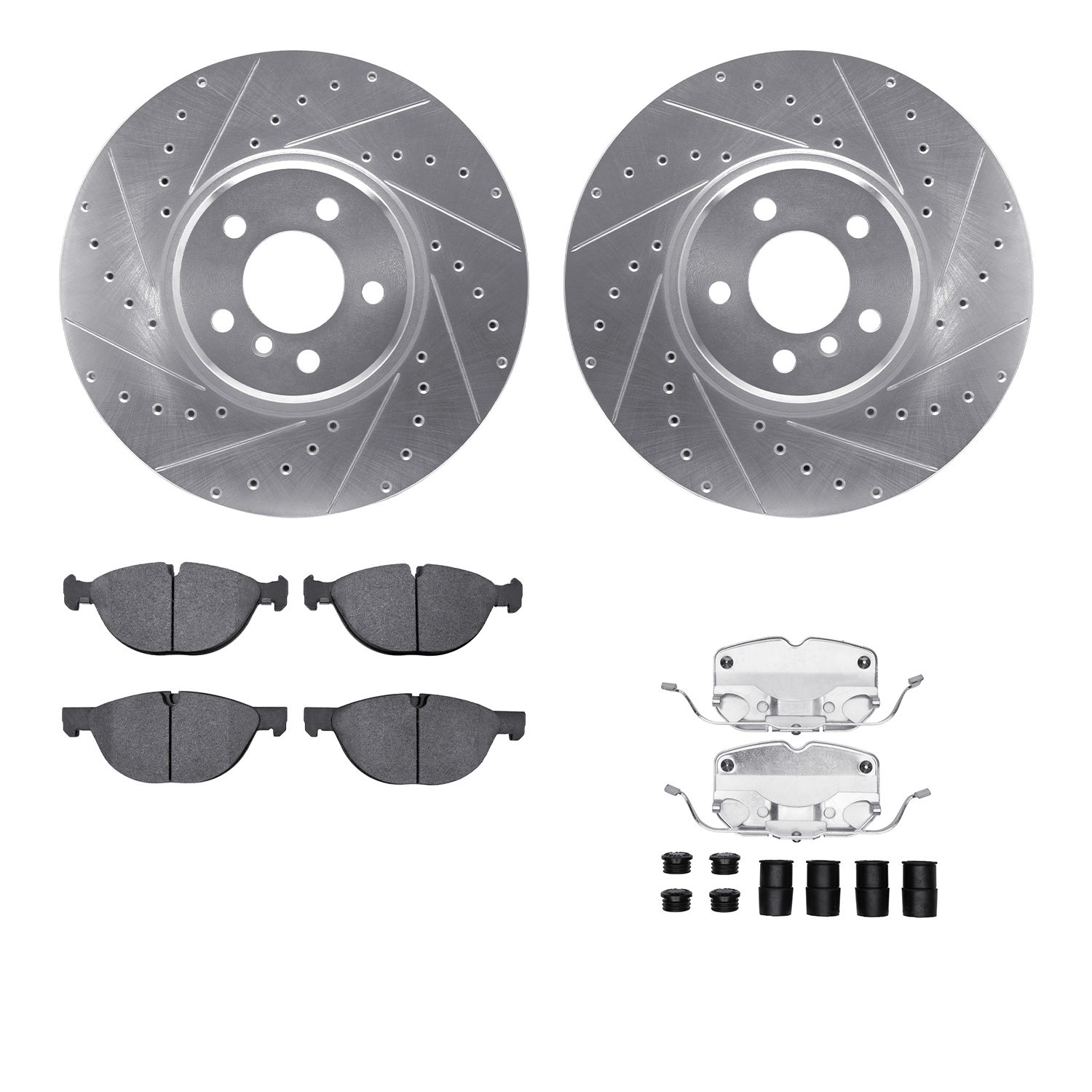 7512-31097 Drilled/Slotted Brake Rotors w/5000 Advanced Brake Pads Kit & Hardware [Silver], 2014-2019 BMW, Position: Front