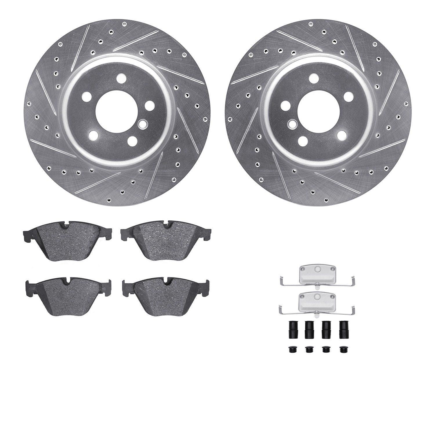 7512-31102 Drilled/Slotted Brake Rotors w/5000 Advanced Brake Pads Kit & Hardware [Silver], 2012-2019 BMW, Position: Front