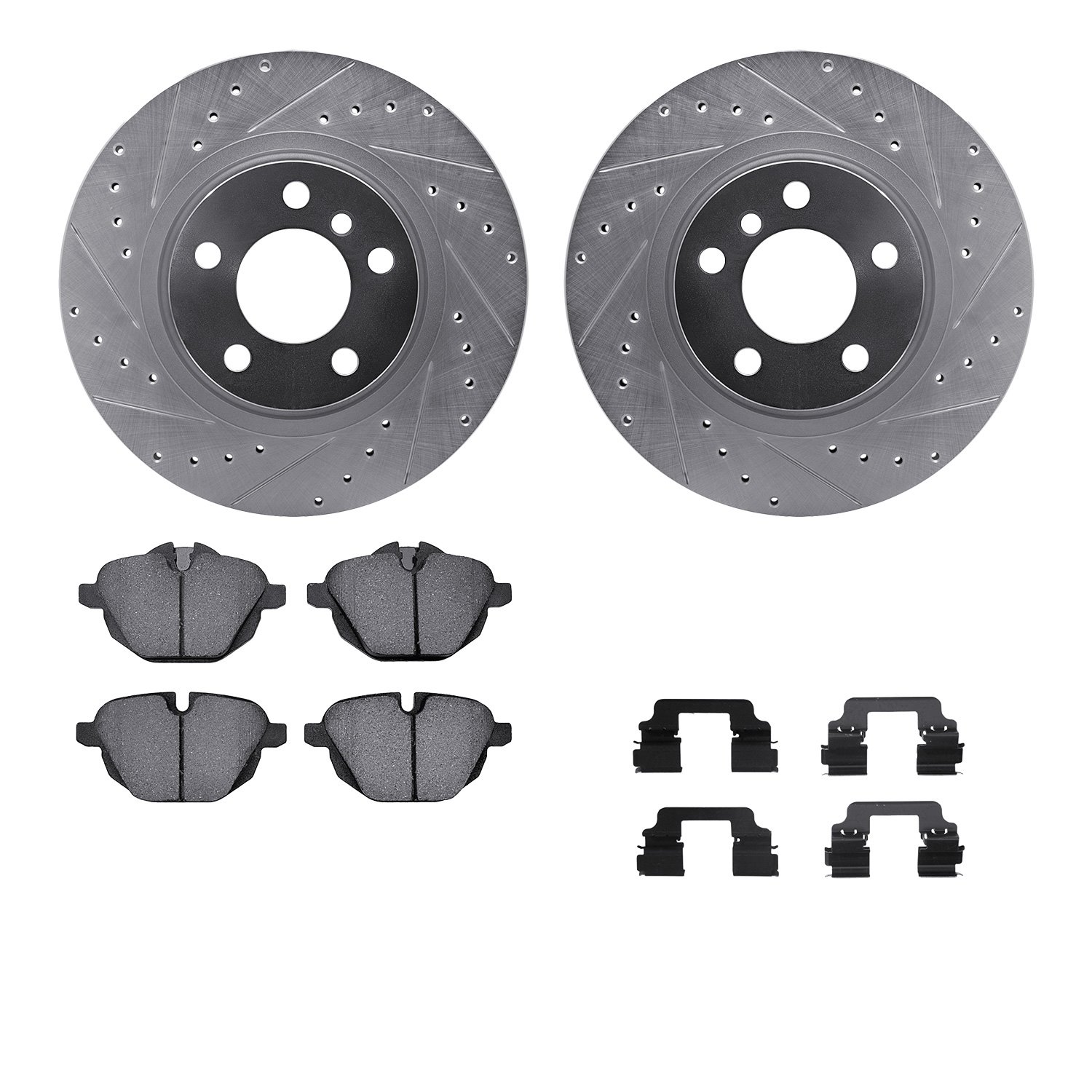 7512-31105 Drilled/Slotted Brake Rotors w/5000 Advanced Brake Pads Kit & Hardware [Silver], 2015-2018 BMW, Position: Rear