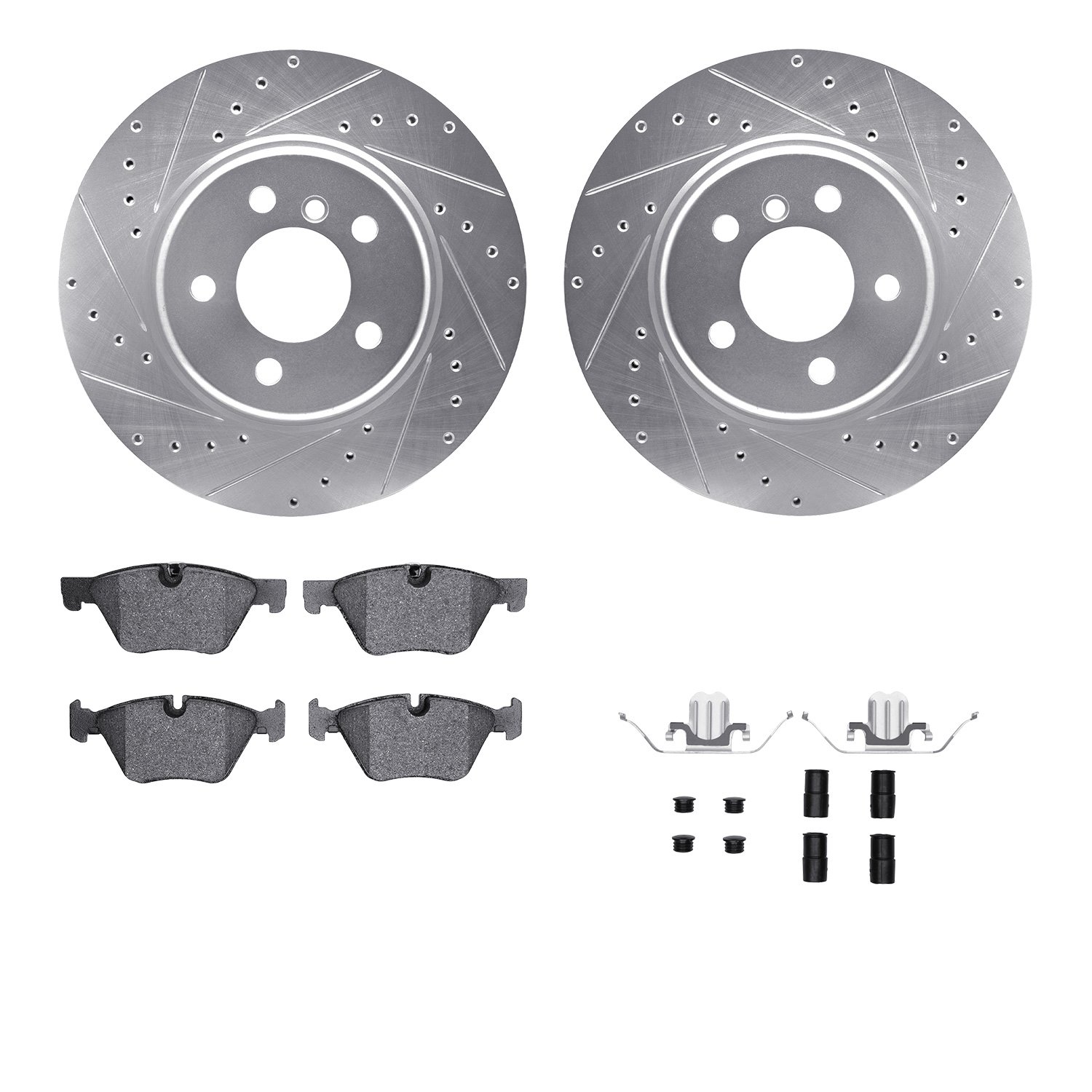 7512-31109 Drilled/Slotted Brake Rotors w/5000 Advanced Brake Pads Kit & Hardware [Silver], 2012-2016 BMW, Position: Front