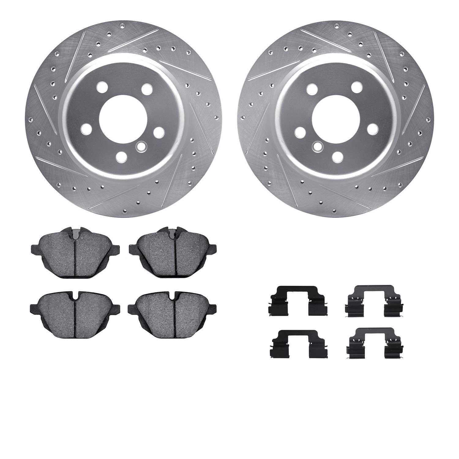 7512-31112 Drilled/Slotted Brake Rotors w/5000 Advanced Brake Pads Kit & Hardware [Silver], 2011-2016 BMW, Position: Rear