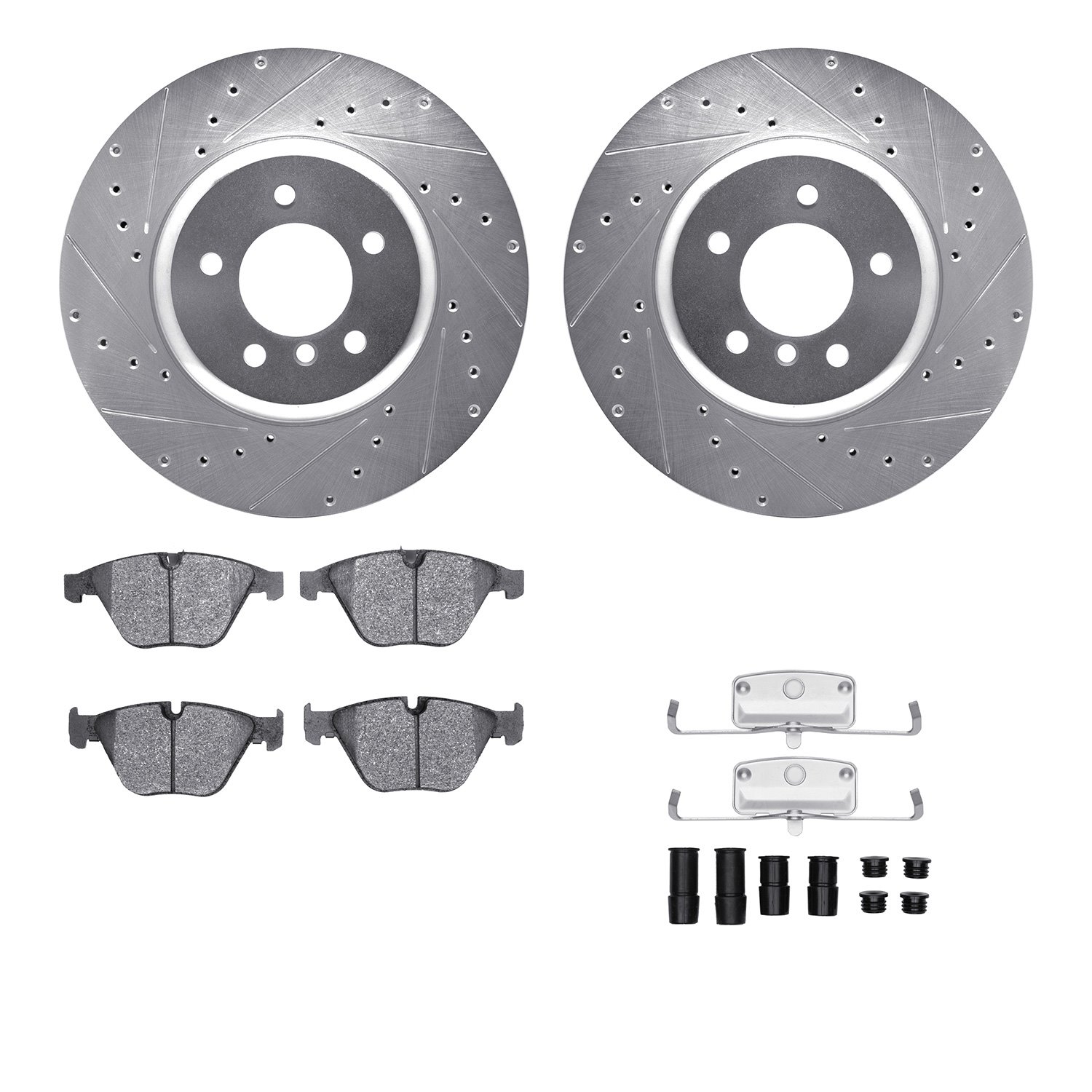 7512-31113 Drilled/Slotted Brake Rotors w/5000 Advanced Brake Pads Kit & Hardware [Silver], 2011-2016 BMW, Position: Front