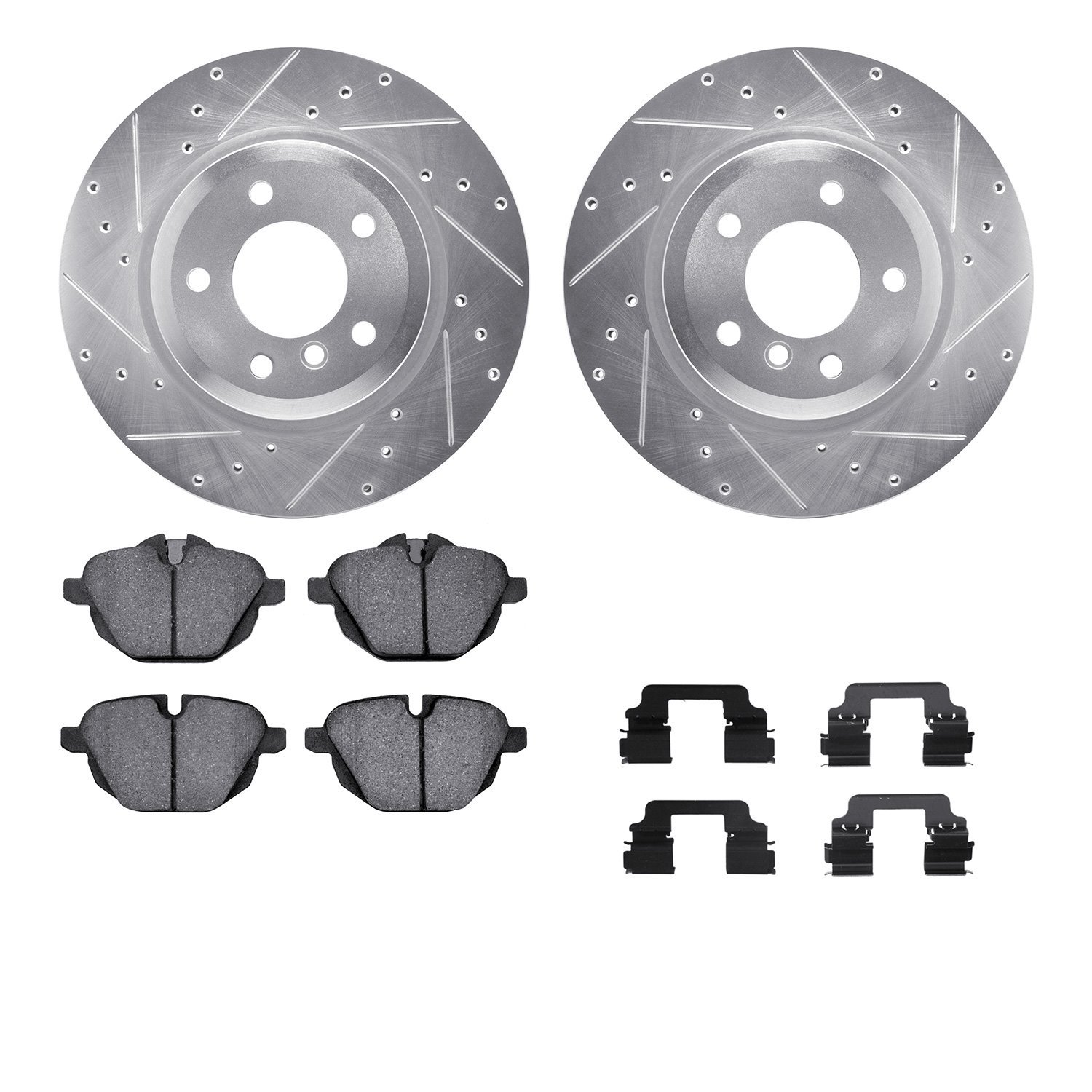 7512-31118 Drilled/Slotted Brake Rotors w/5000 Advanced Brake Pads Kit & Hardware [Silver], 2011-2016 BMW, Position: Rear