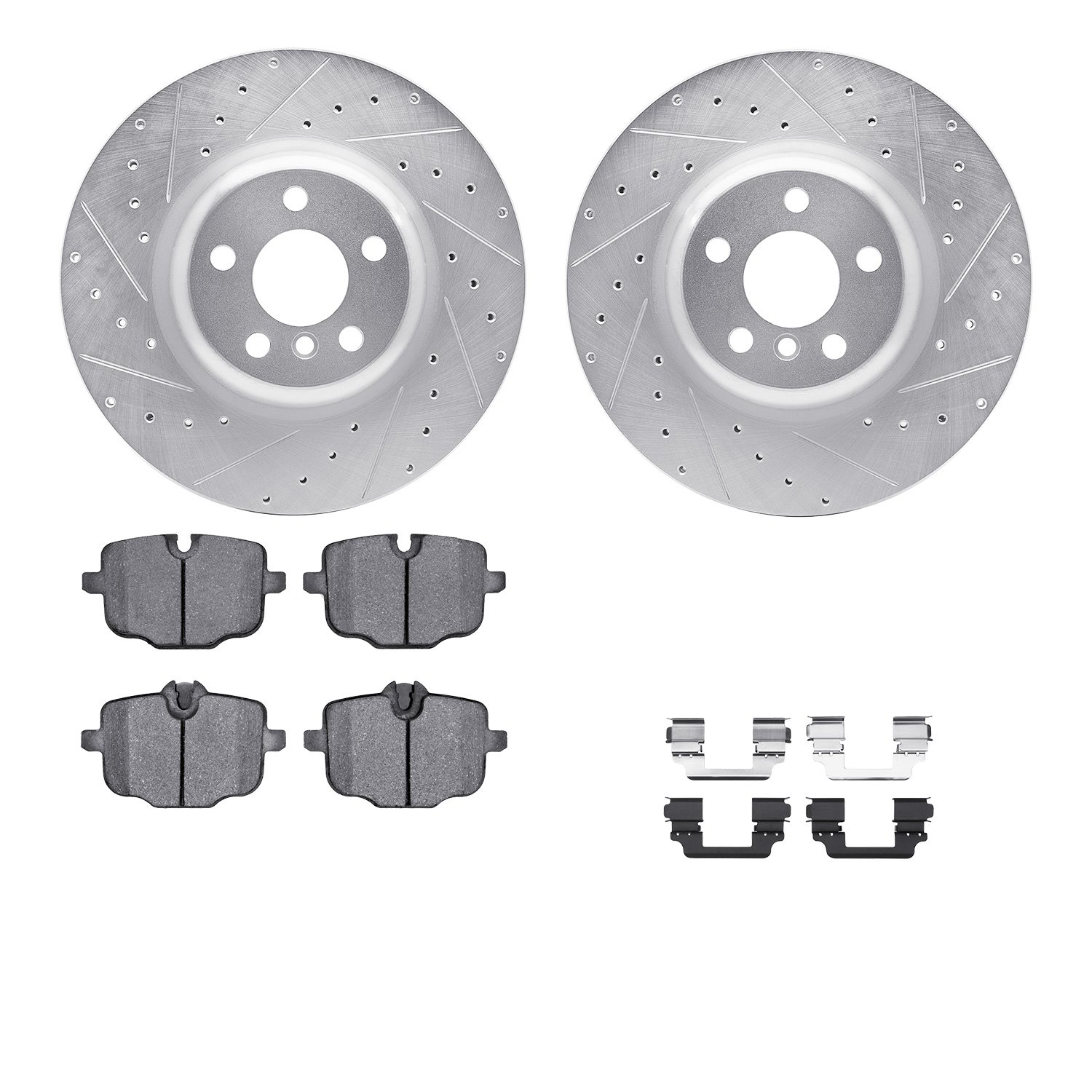 7512-31120 Drilled/Slotted Brake Rotors w/5000 Advanced Brake Pads Kit & Hardware [Silver], Fits Select BMW, Position: Rear