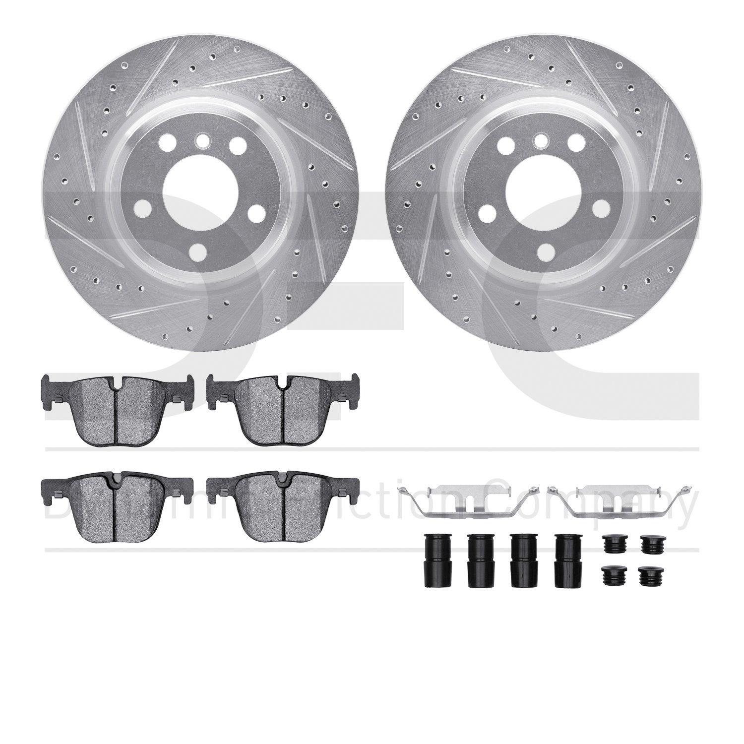 7512-31122 Drilled/Slotted Brake Rotors w/5000 Advanced Brake Pads Kit & Hardware [Silver], 2014-2015 BMW, Position: Rear