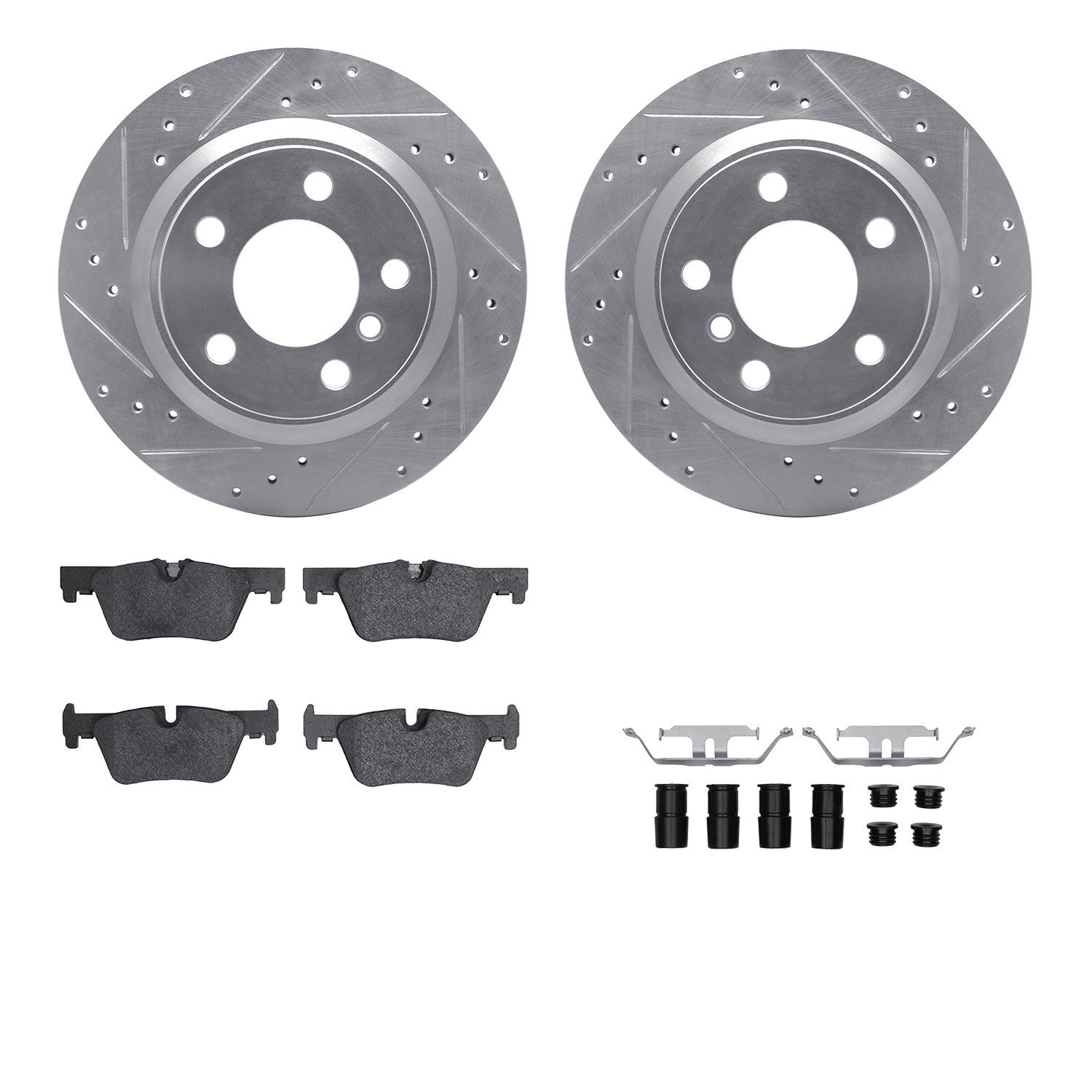 7512-31124 Drilled/Slotted Brake Rotors w/5000 Advanced Brake Pads Kit & Hardware [Silver], 2012-2021 BMW, Position: Rear
