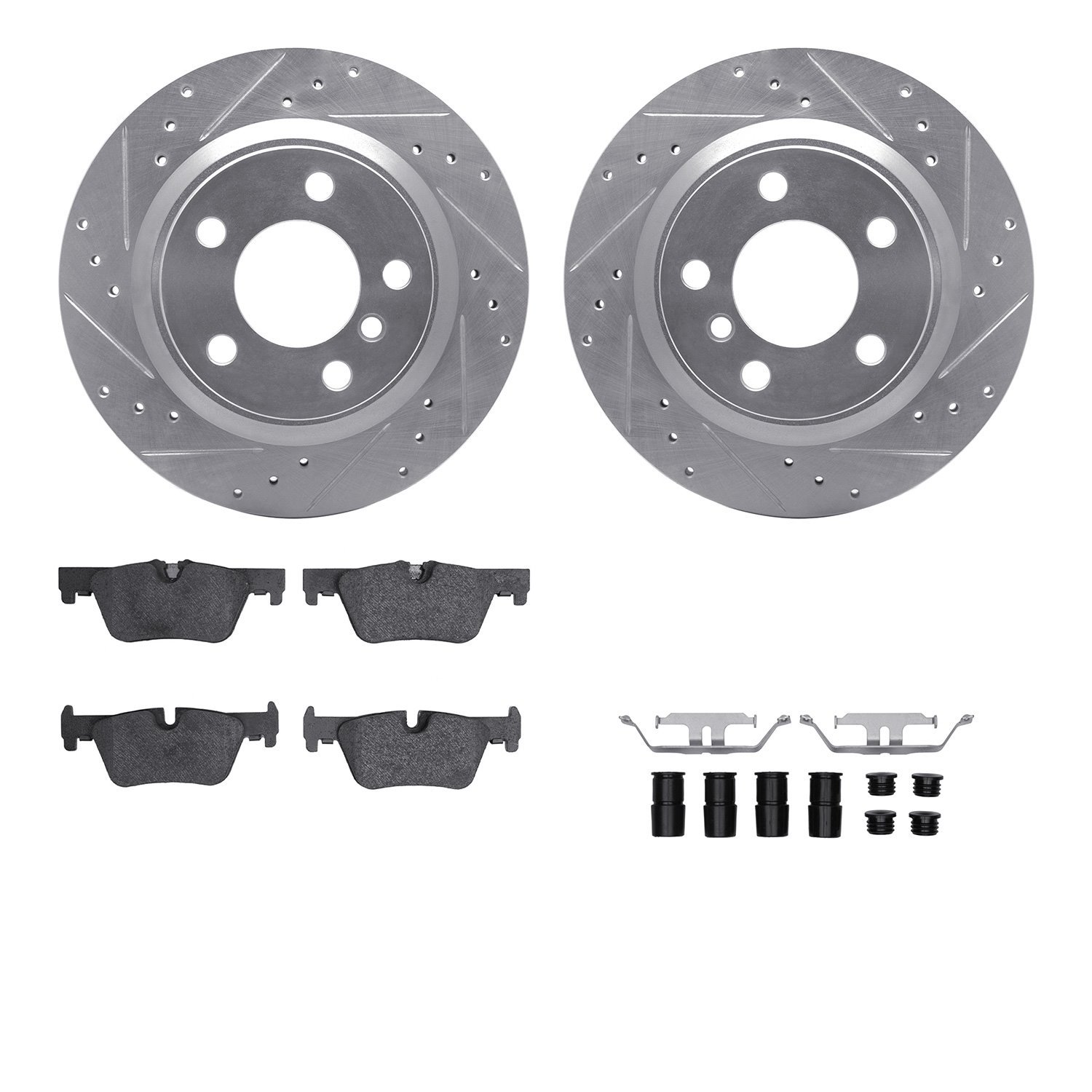 7512-31125 Drilled/Slotted Brake Rotors w/5000 Advanced Brake Pads Kit & Hardware [Silver], 2012-2018 BMW, Position: Rear