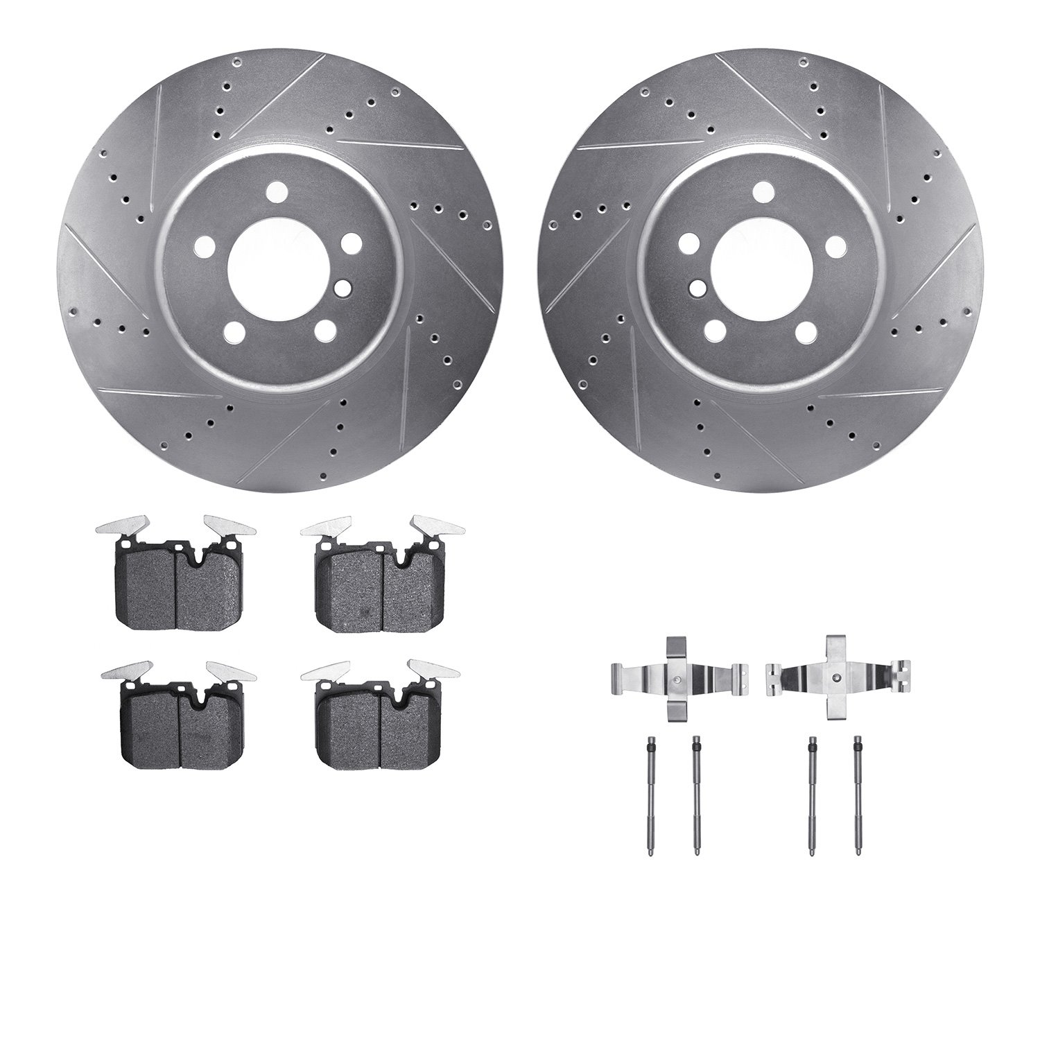 7512-31127 Drilled/Slotted Brake Rotors w/5000 Advanced Brake Pads Kit & Hardware [Silver], 2013-2020 BMW, Position: Front