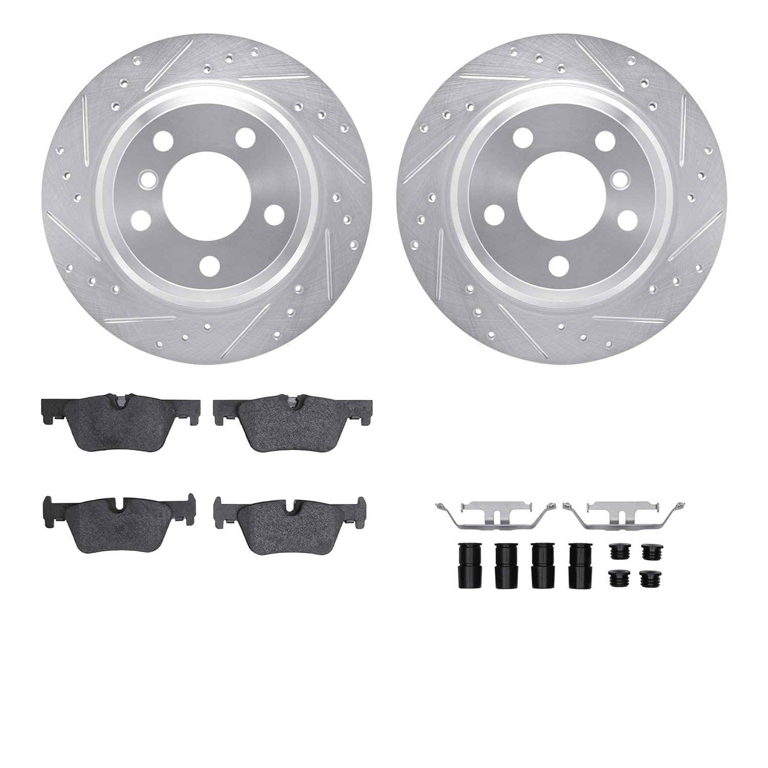 7512-31129 Drilled/Slotted Brake Rotors w/5000 Advanced Brake Pads Kit & Hardware [Silver], 2013-2020 BMW, Position: Rear