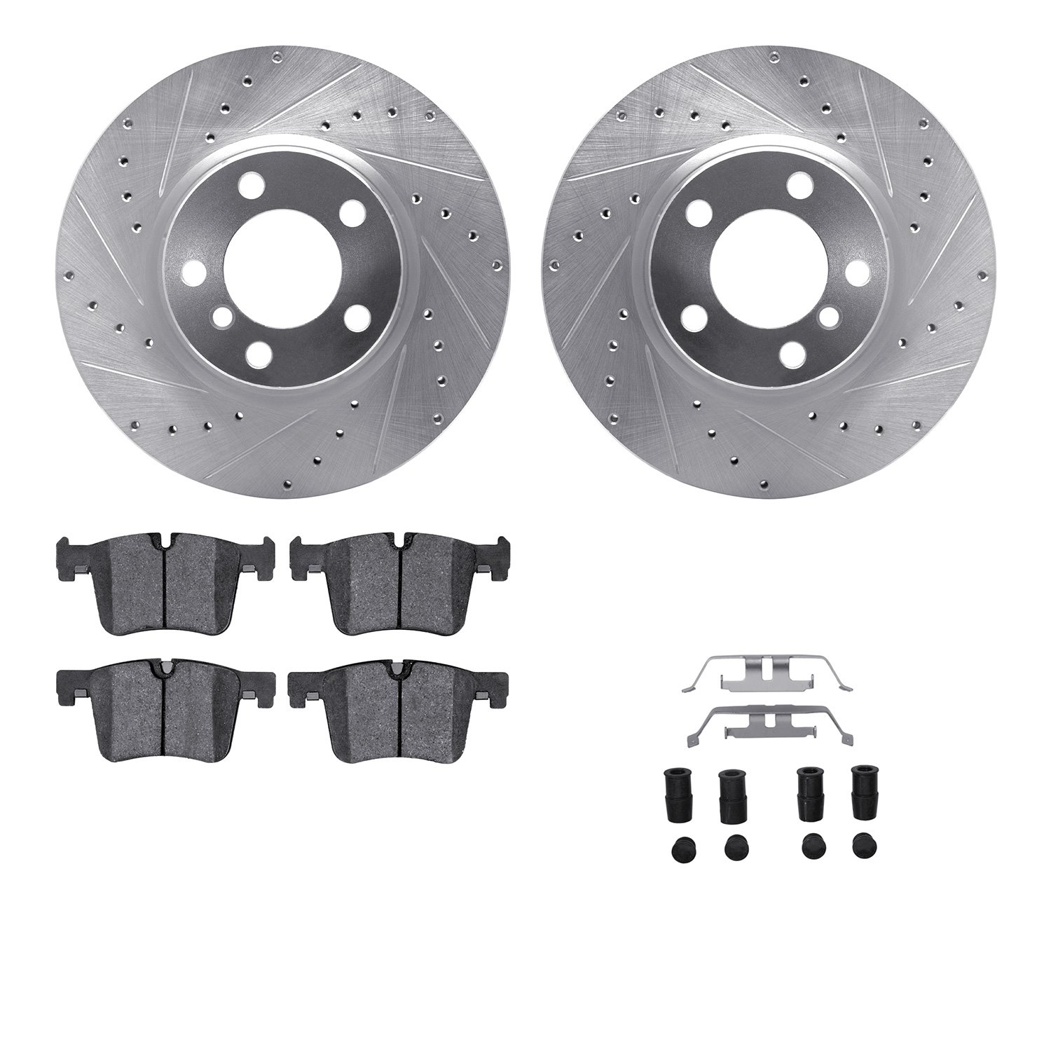 7512-31130 Drilled/Slotted Brake Rotors w/5000 Advanced Brake Pads Kit & Hardware [Silver], 2012-2018 BMW, Position: Front