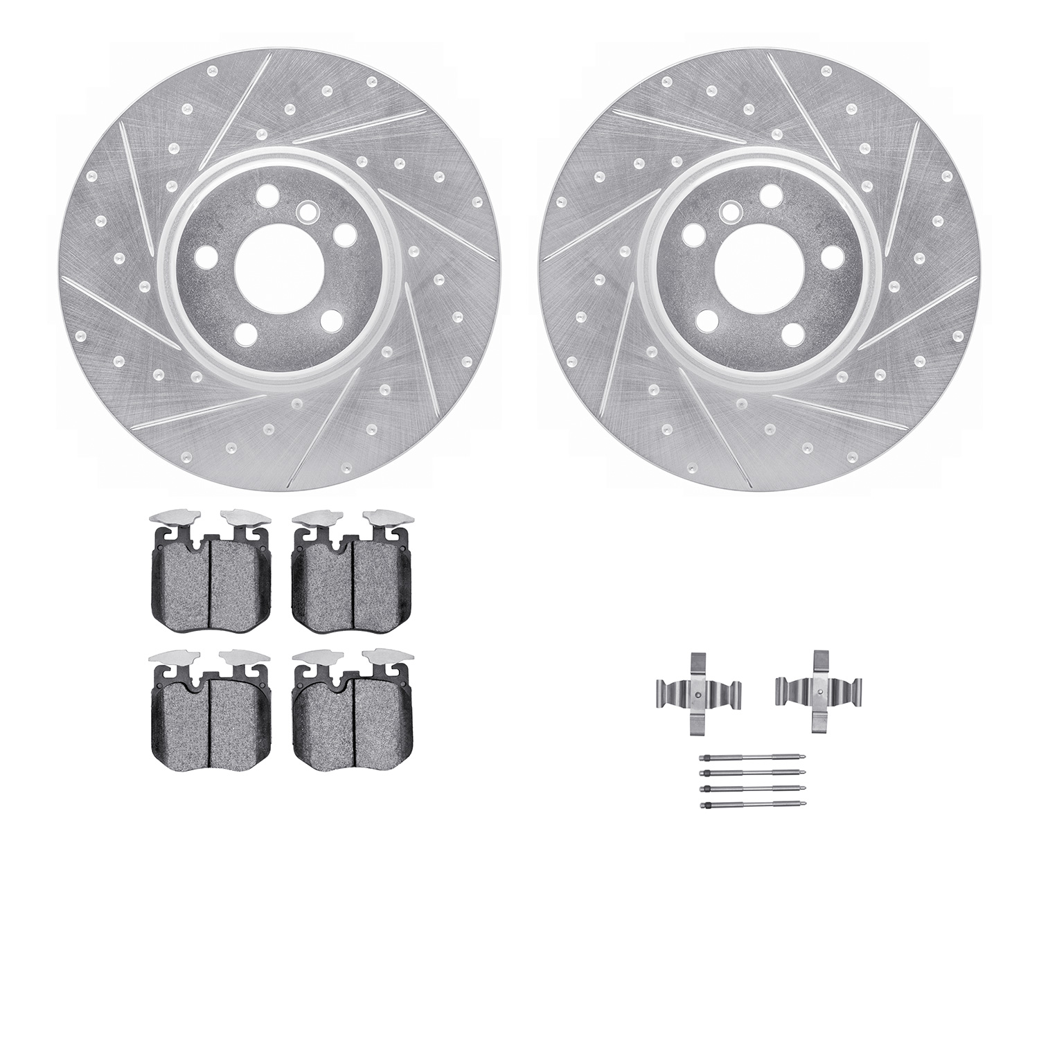 7512-31134 Drilled/Slotted Brake Rotors w/5000 Advanced Brake Pads Kit & Hardware [Silver], 2019-2021 BMW, Position: Front