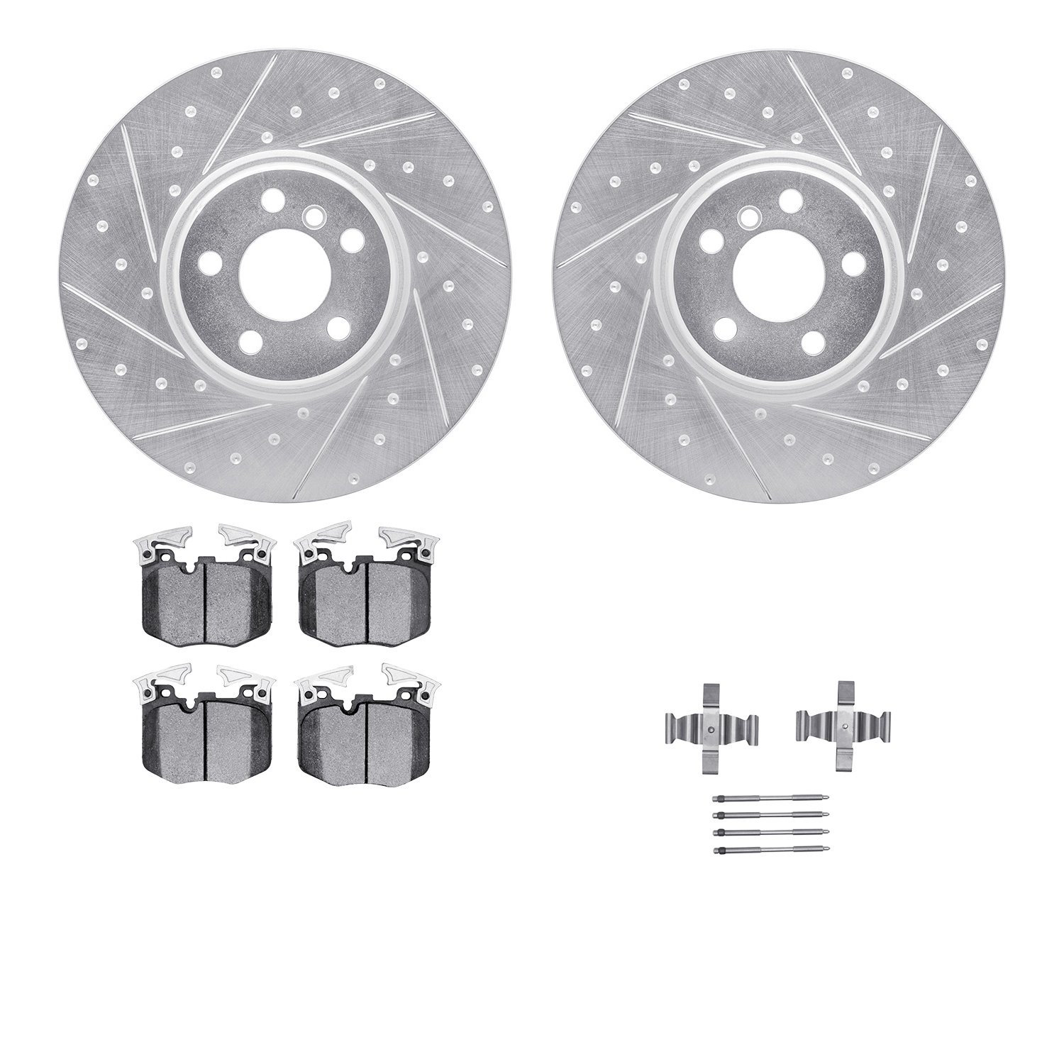 7512-31136 Drilled/Slotted Brake Rotors w/5000 Advanced Brake Pads Kit & Hardware [Silver], Fits Select BMW, Position: Front