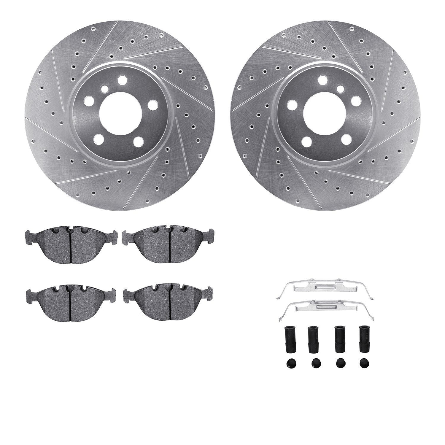 7512-31138 Drilled/Slotted Brake Rotors w/5000 Advanced Brake Pads Kit & Hardware [Silver], 2002-2006 BMW, Position: Front