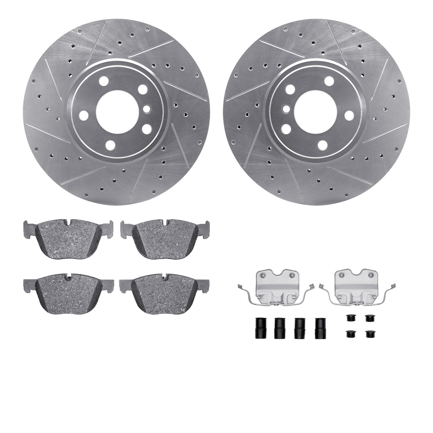 7512-31139 Drilled/Slotted Brake Rotors w/5000 Advanced Brake Pads Kit & Hardware [Silver], 2007-2018 BMW, Position: Front
