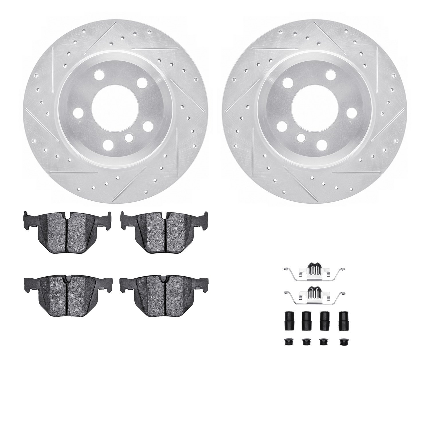 7512-31141 Drilled/Slotted Brake Rotors w/5000 Advanced Brake Pads Kit & Hardware [Silver], 2007-2014 BMW, Position: Rear