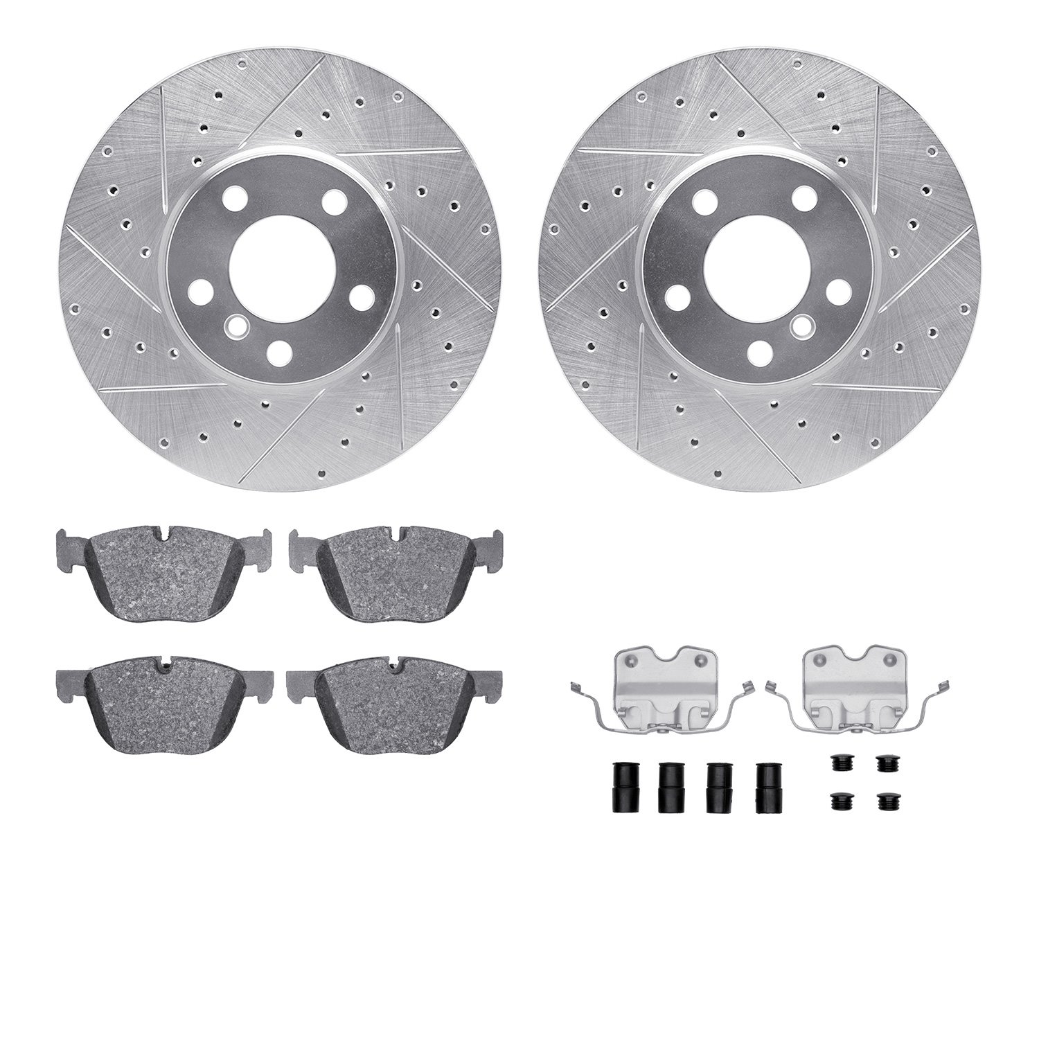 7512-31142 Drilled/Slotted Brake Rotors w/5000 Advanced Brake Pads Kit & Hardware [Silver], 2007-2014 BMW, Position: Front