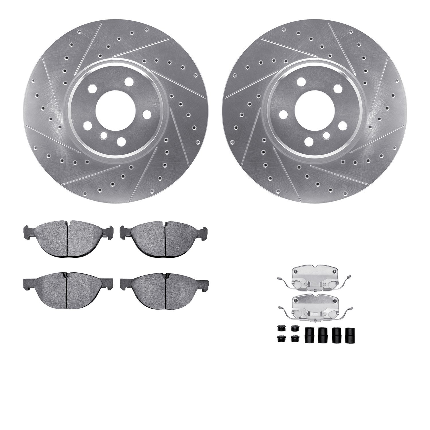7512-31143 Drilled/Slotted Brake Rotors w/5000 Advanced Brake Pads Kit & Hardware [Silver], 2008-2014 BMW, Position: Front