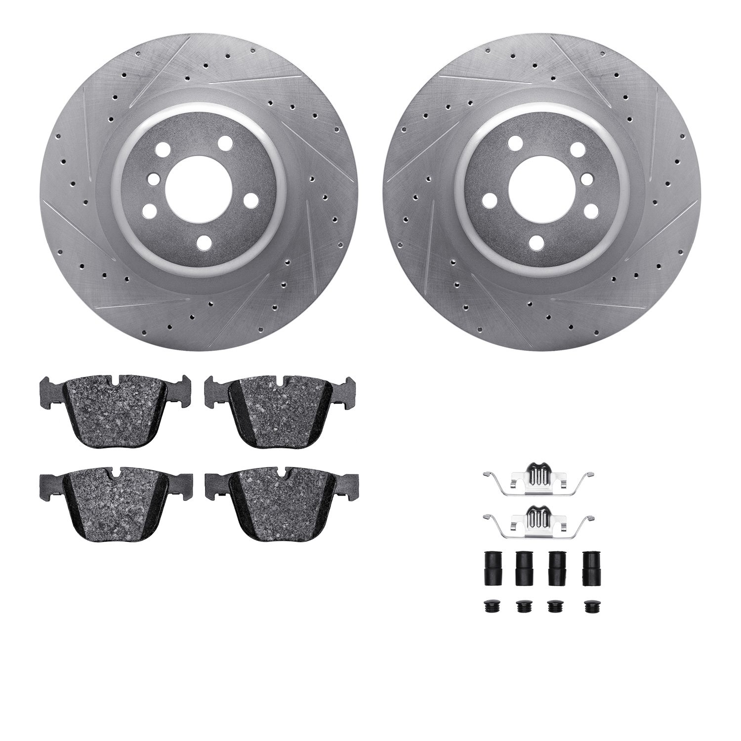 7512-31145 Drilled/Slotted Brake Rotors w/5000 Advanced Brake Pads Kit & Hardware [Silver], 2010-2014 BMW, Position: Rear