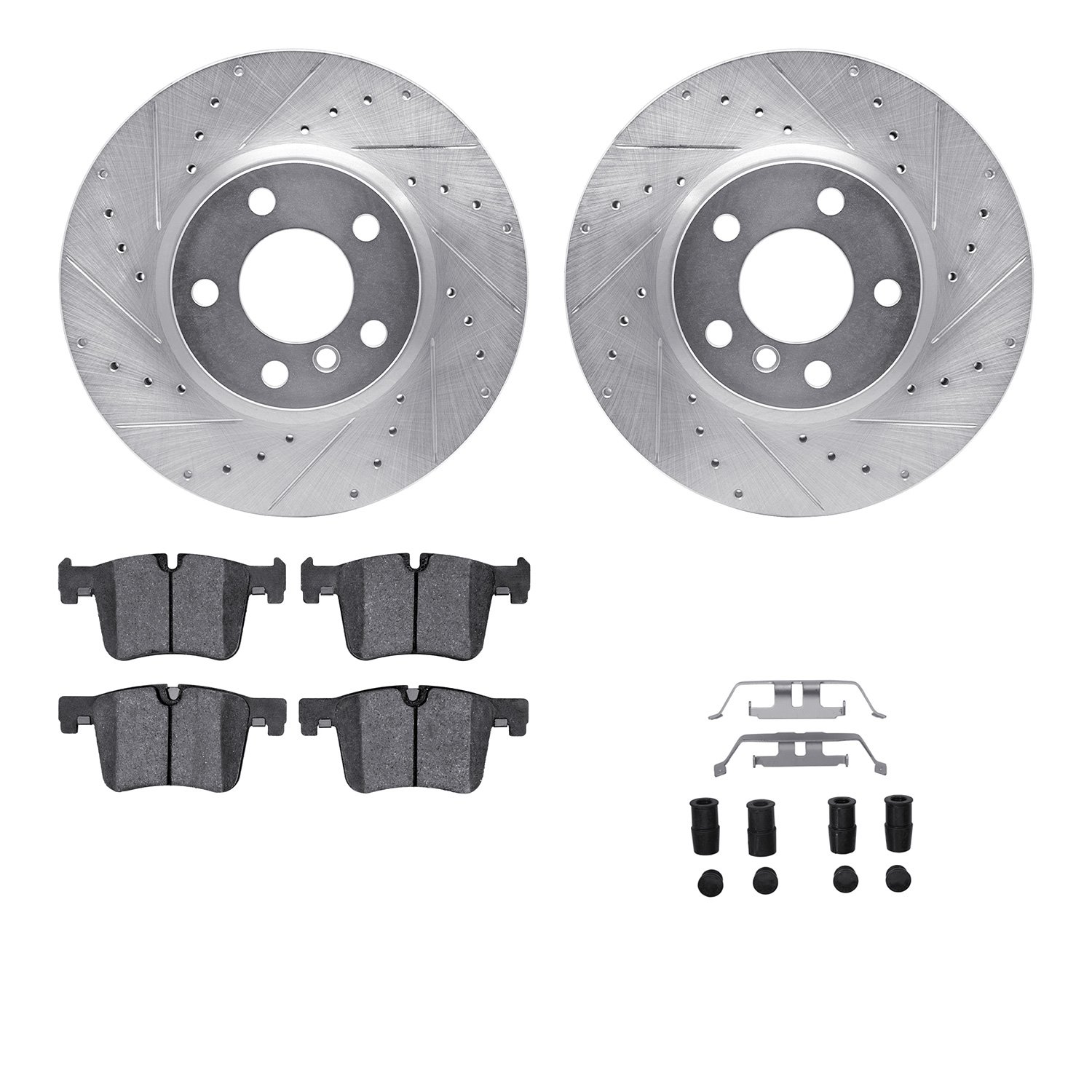 7512-31147 Drilled/Slotted Brake Rotors w/5000 Advanced Brake Pads Kit & Hardware [Silver], 2011-2014 BMW, Position: Front
