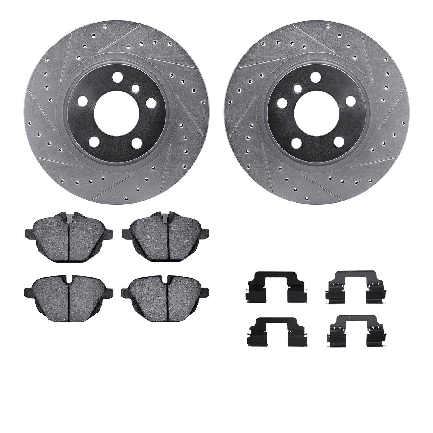 7512-31148 Drilled/Slotted Brake Rotors w/5000 Advanced Brake Pads Kit & Hardware [Silver], 2011-2018 BMW, Position: Rear
